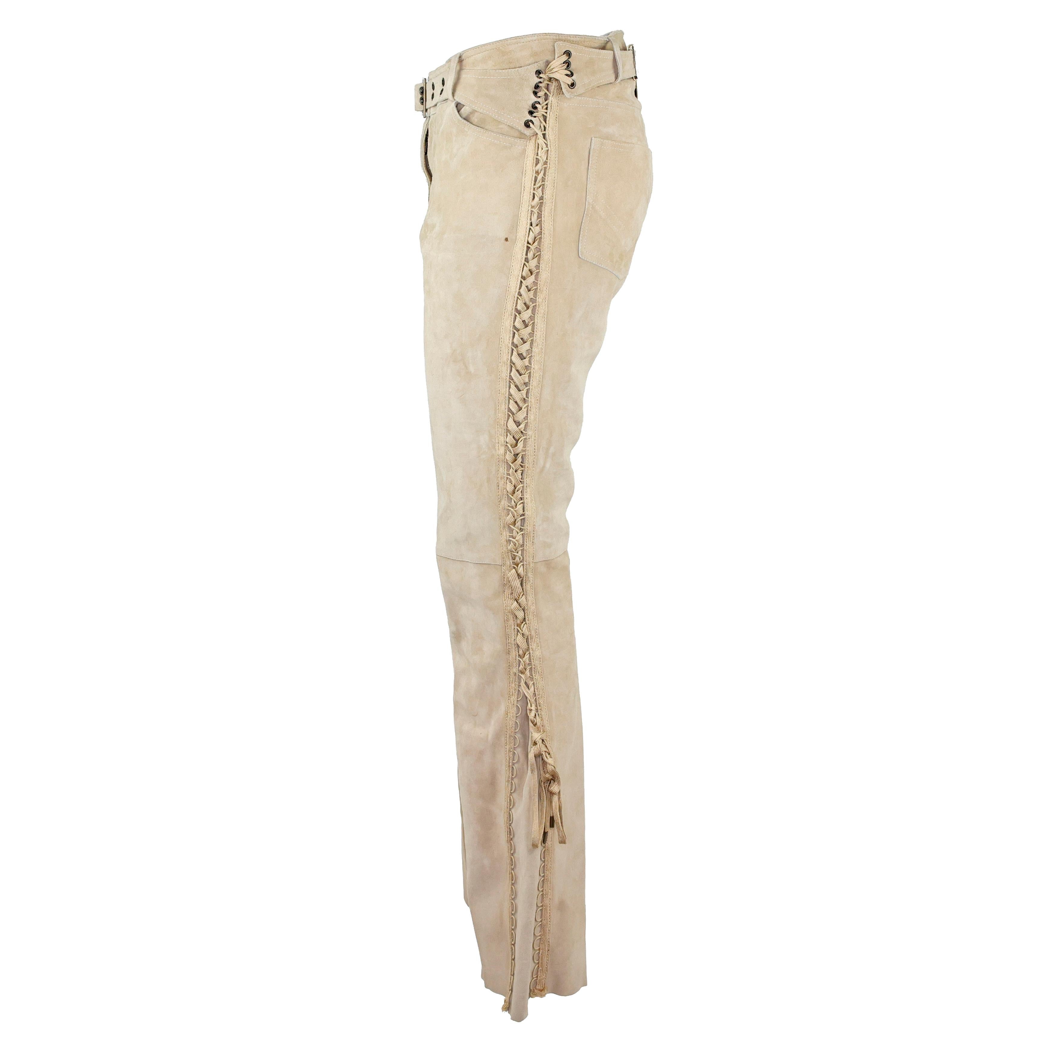 Donna Pantaloni in pelle scamosciata con logo gigante impreziosito di John Galliano for Christian Dior Autunno 2002 in vendita