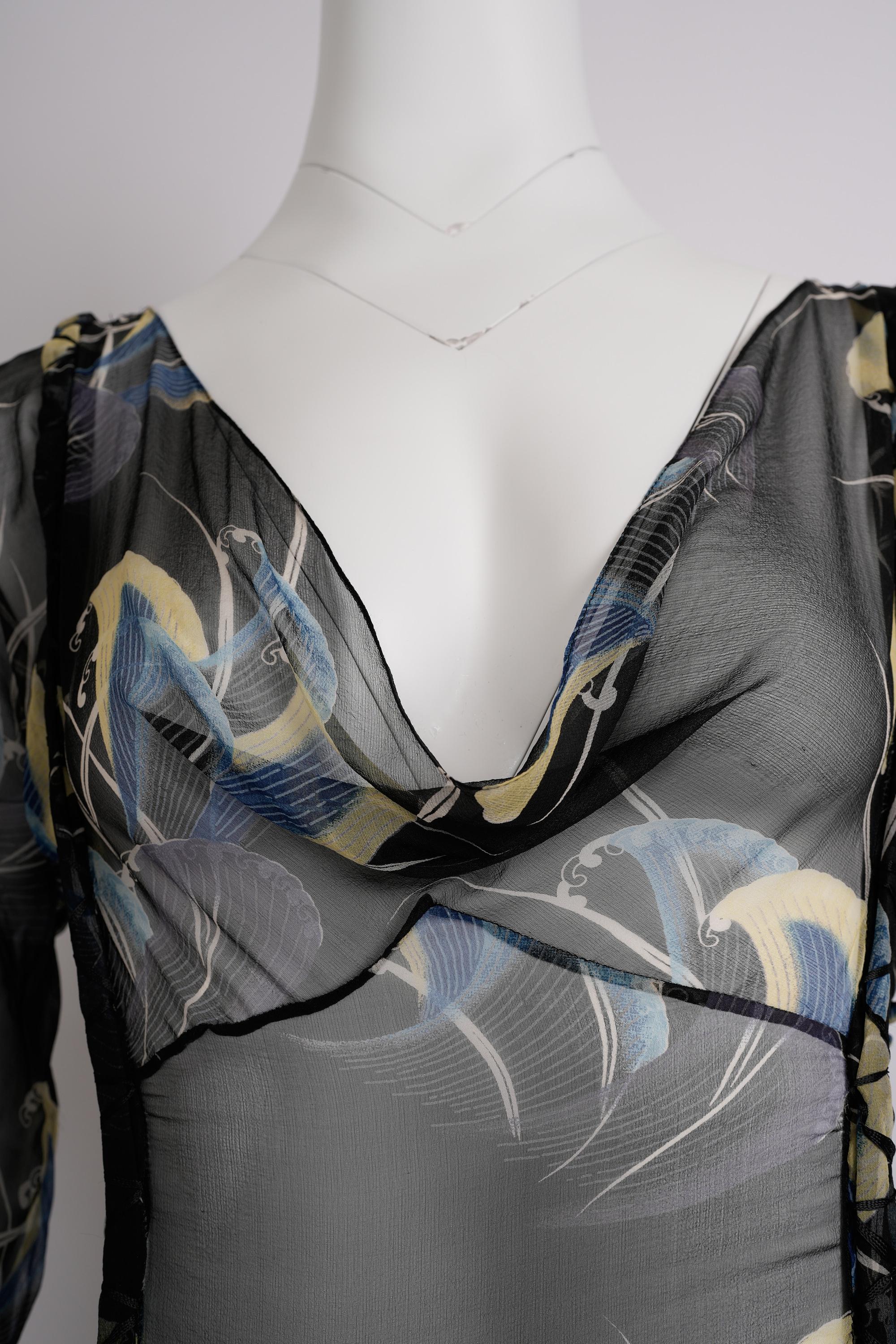 Donna Christian Dior by John Galliano for Christian Dior Autunno 2003-04 Abito in chiffon di seta nero con volant in vendita