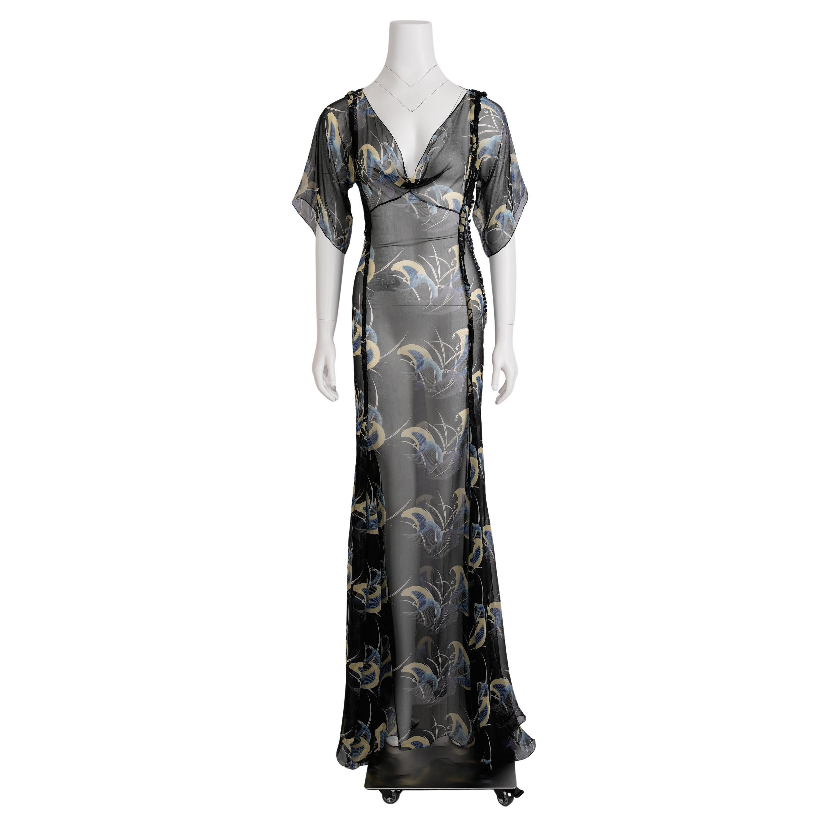 Christian Dior by John Galliano for Christian Dior Autunno 2003-04 Abito in chiffon di seta nero con volant in vendita
