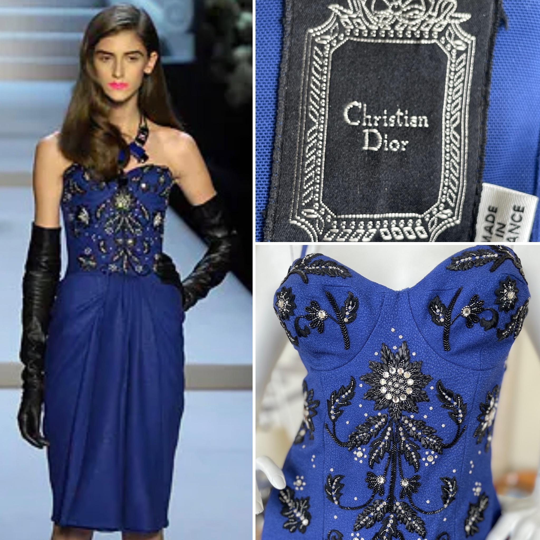 Christian Dior by John Galliano Fall 2007 Blue Dress with Crystal Details.
There are detachable shoulder straps, it was shown on the runway without straps.
Marked size 40 more like 4 in today's size
 Bust 35