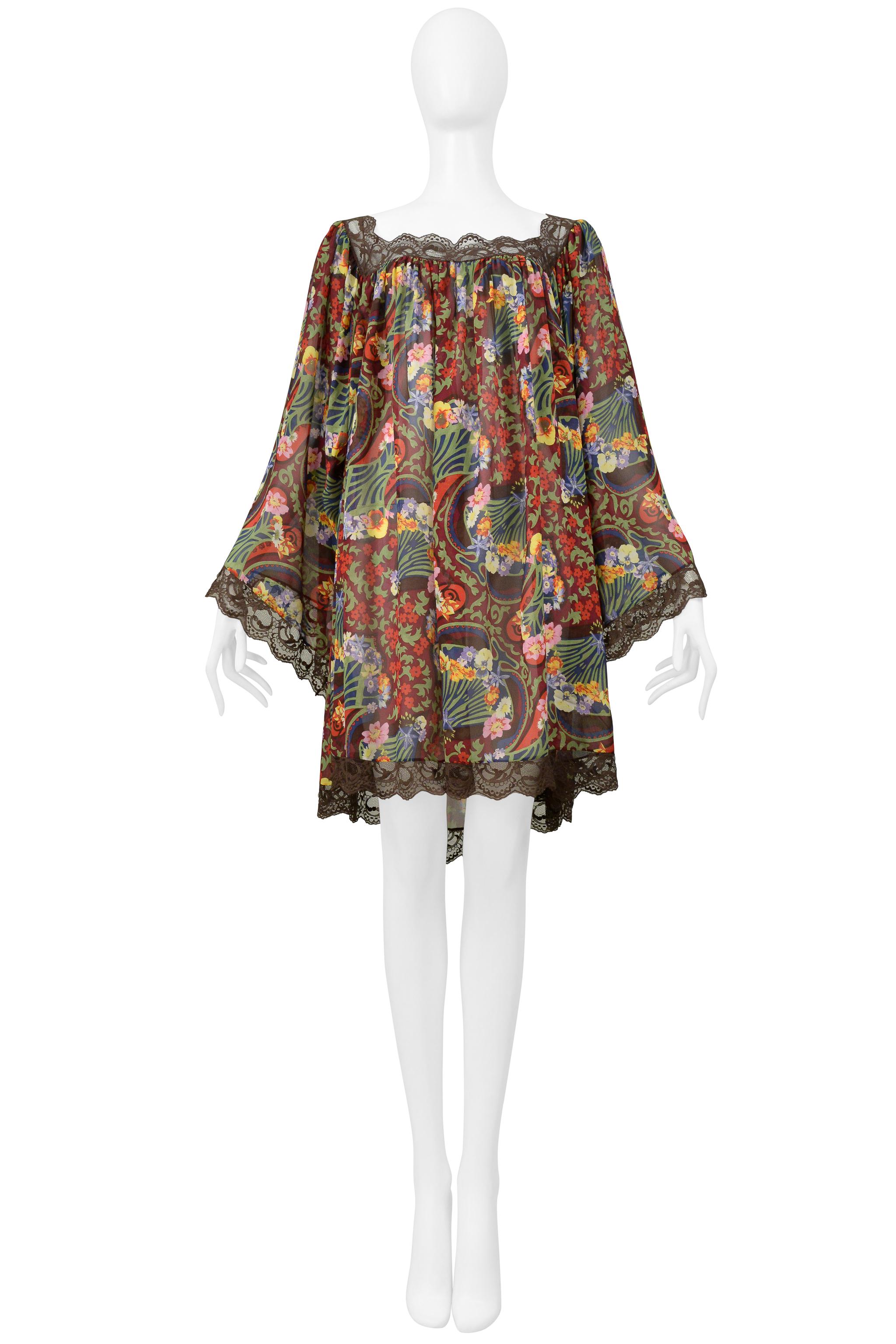 Brown Christian Dior By John Galliano Fan Print Silk & Lace Dress 2005