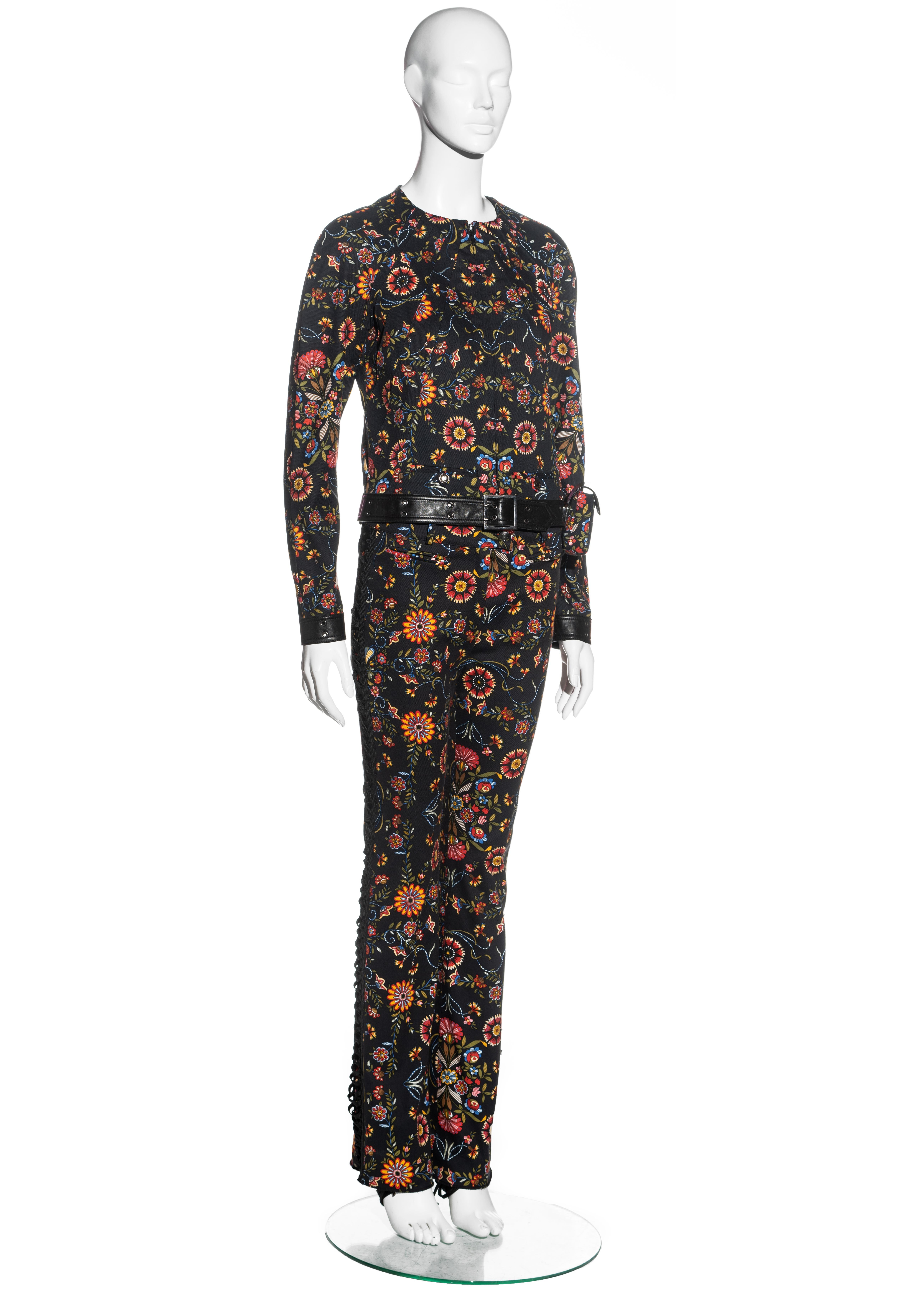 Women's Christian Dior by John Galliano floral cotton and leather pant suit, fw 2002 For Sale