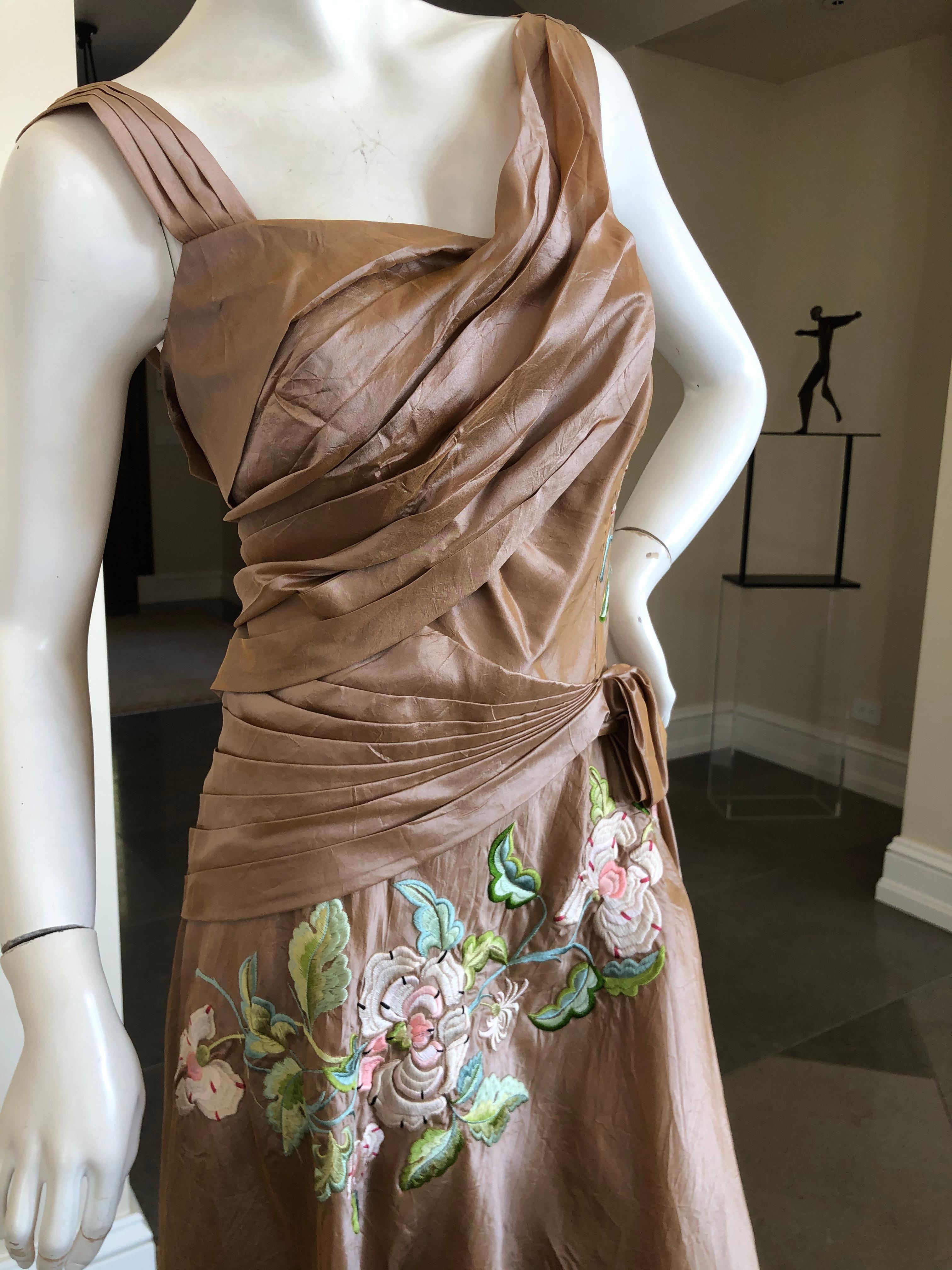 Brown Christian Dior by John Galliano Floral Embroidered Silk Dress with Side Sash