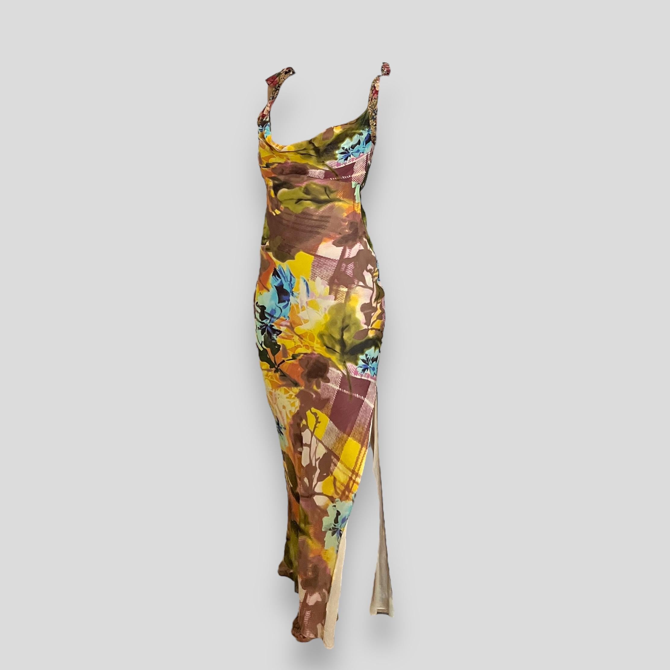 Brown Christian Dior by John Galliano Floral Printed Bias-cut Silk Dress