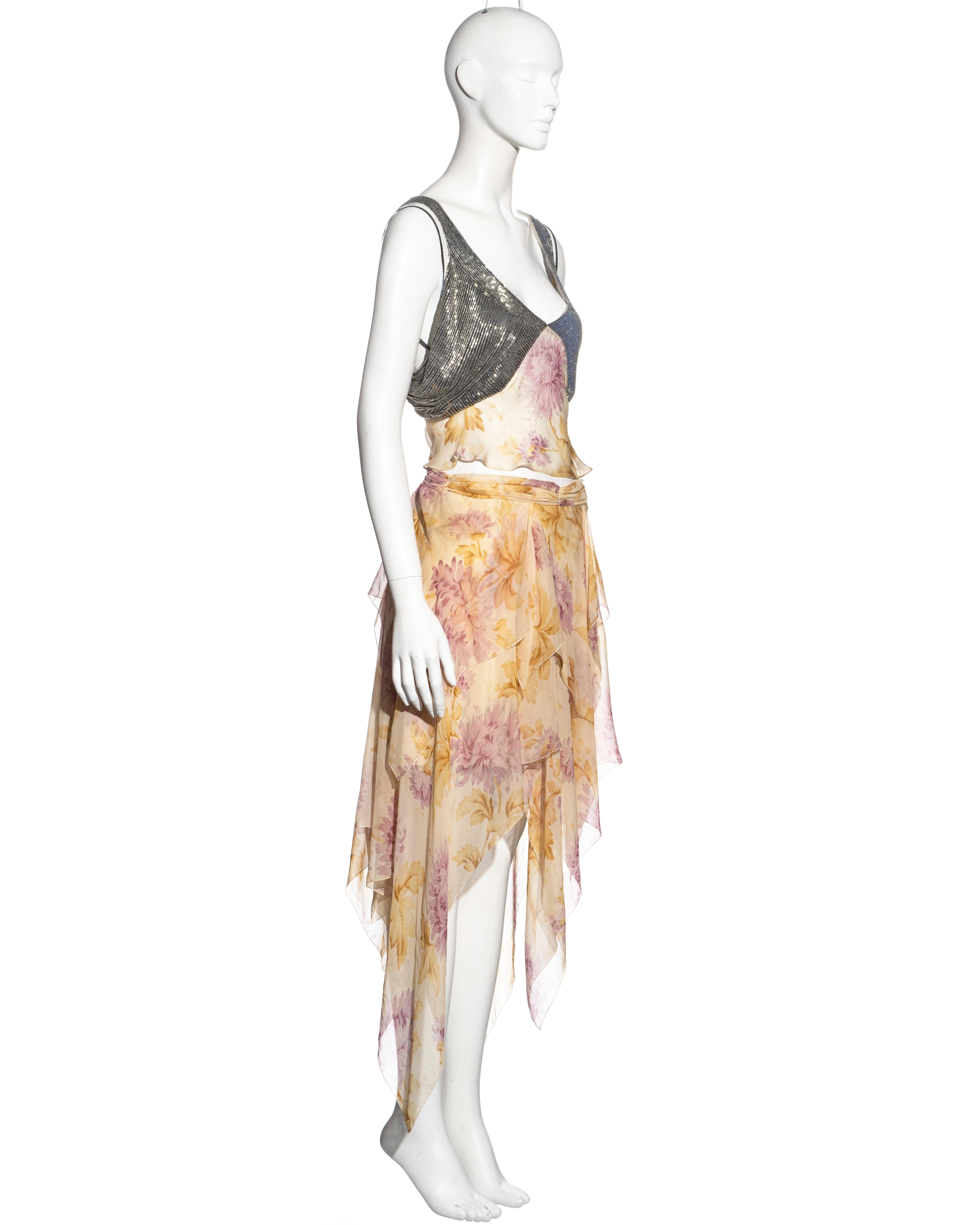 Beige Christian Dior by John Galliano floral silk chiffon top and skirt set, fw 2001 For Sale