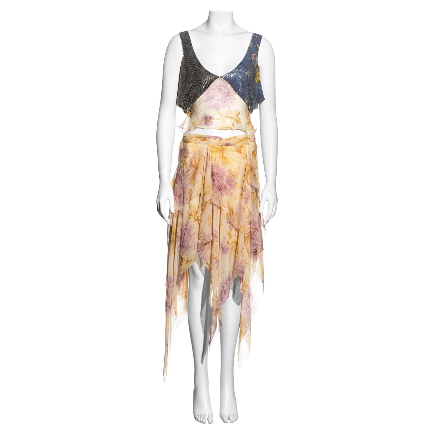 Conjunto de top y falda de gasa de seda floral Christian Dior by John Galliano, fw 2001