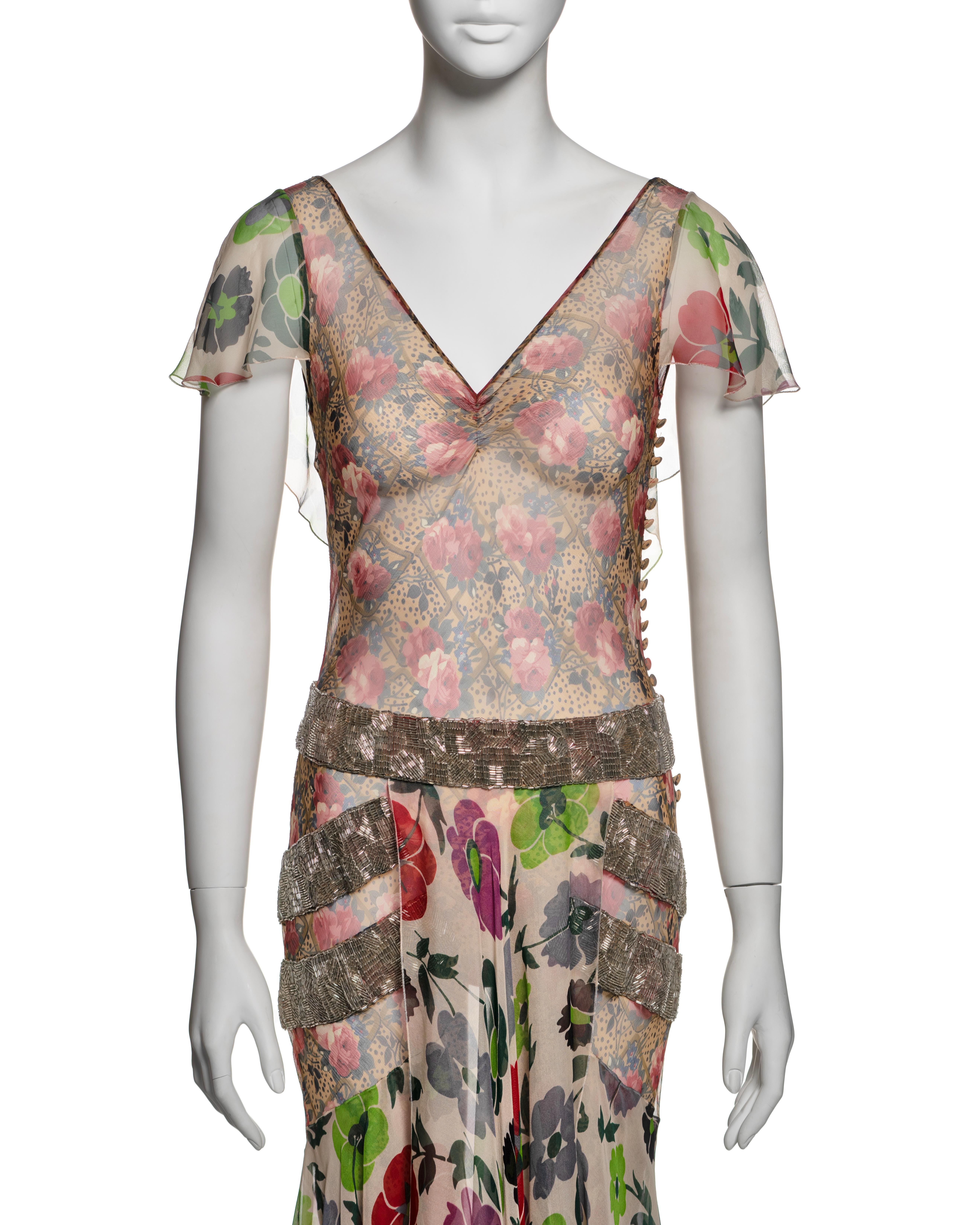 Christian Dior by John Galliano Floral Silk Dress with Beaded Trim, FW 2001 In Excellent Condition For Sale In London, GB