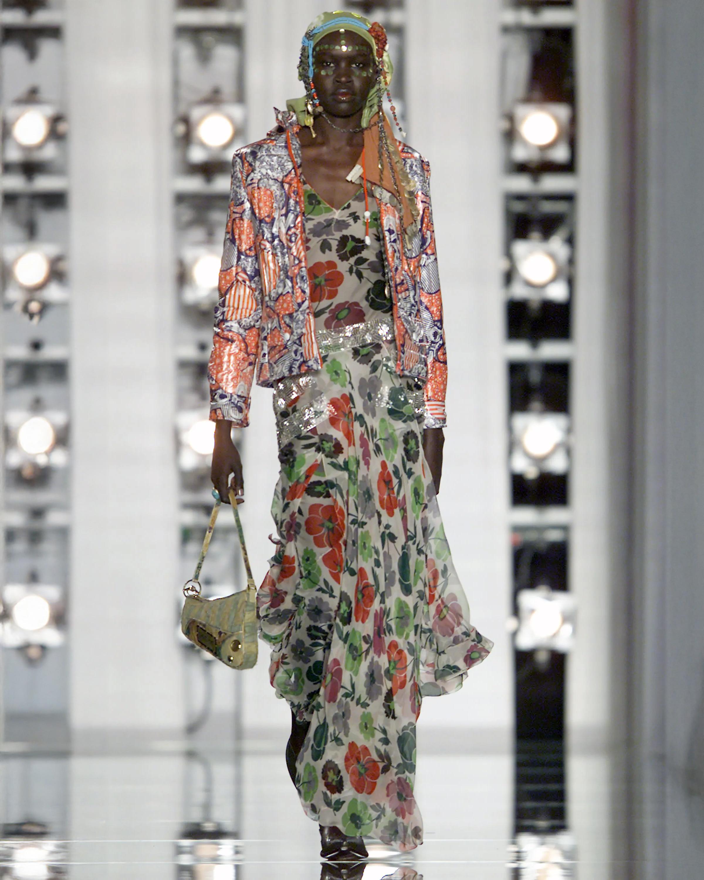 Women's Christian Dior by John Galliano Floral Silk Dress with Beaded Trim, FW 2001 For Sale