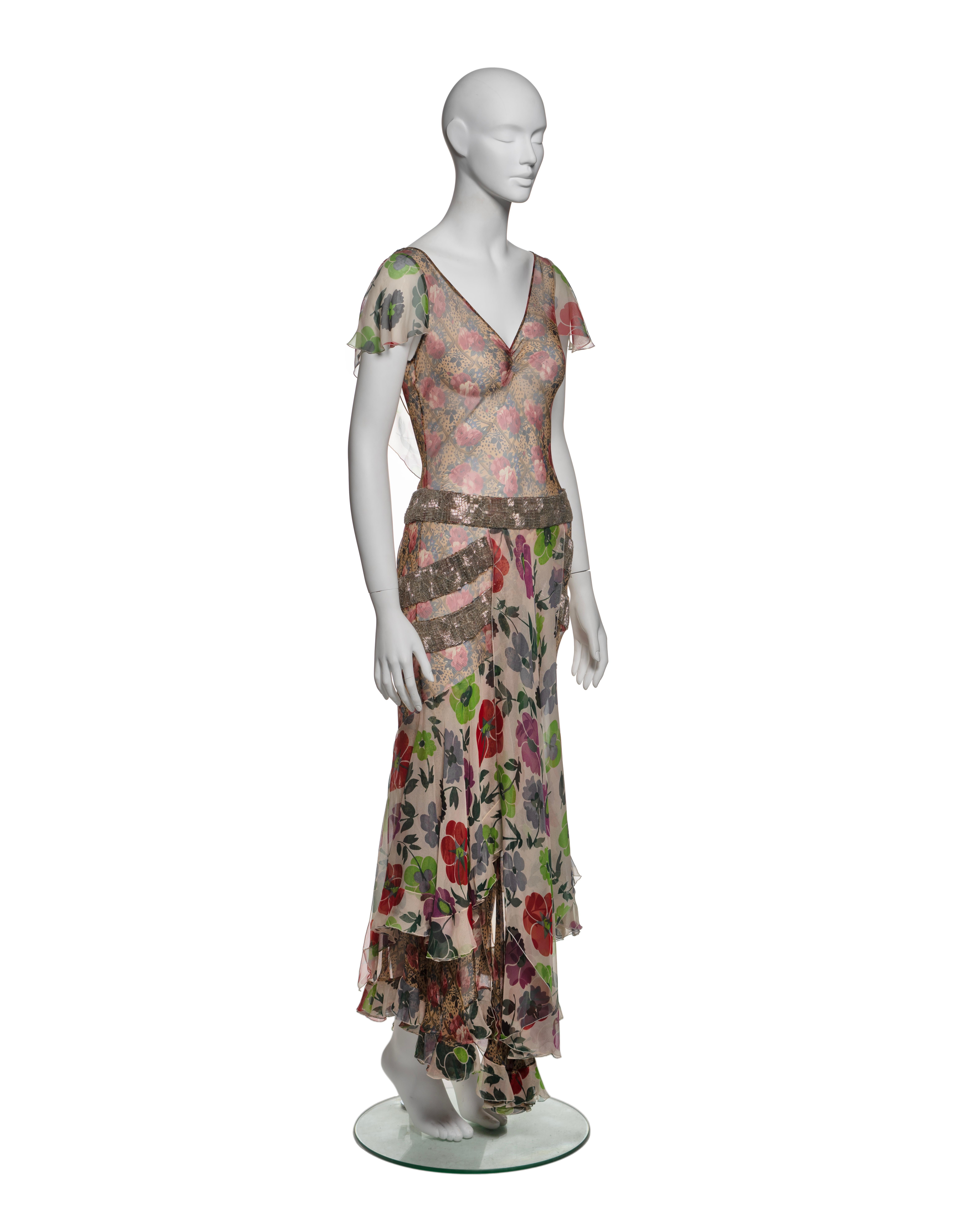 Christian Dior by John Galliano Floral Silk Dress with Beaded Trim, FW 2001 For Sale 2