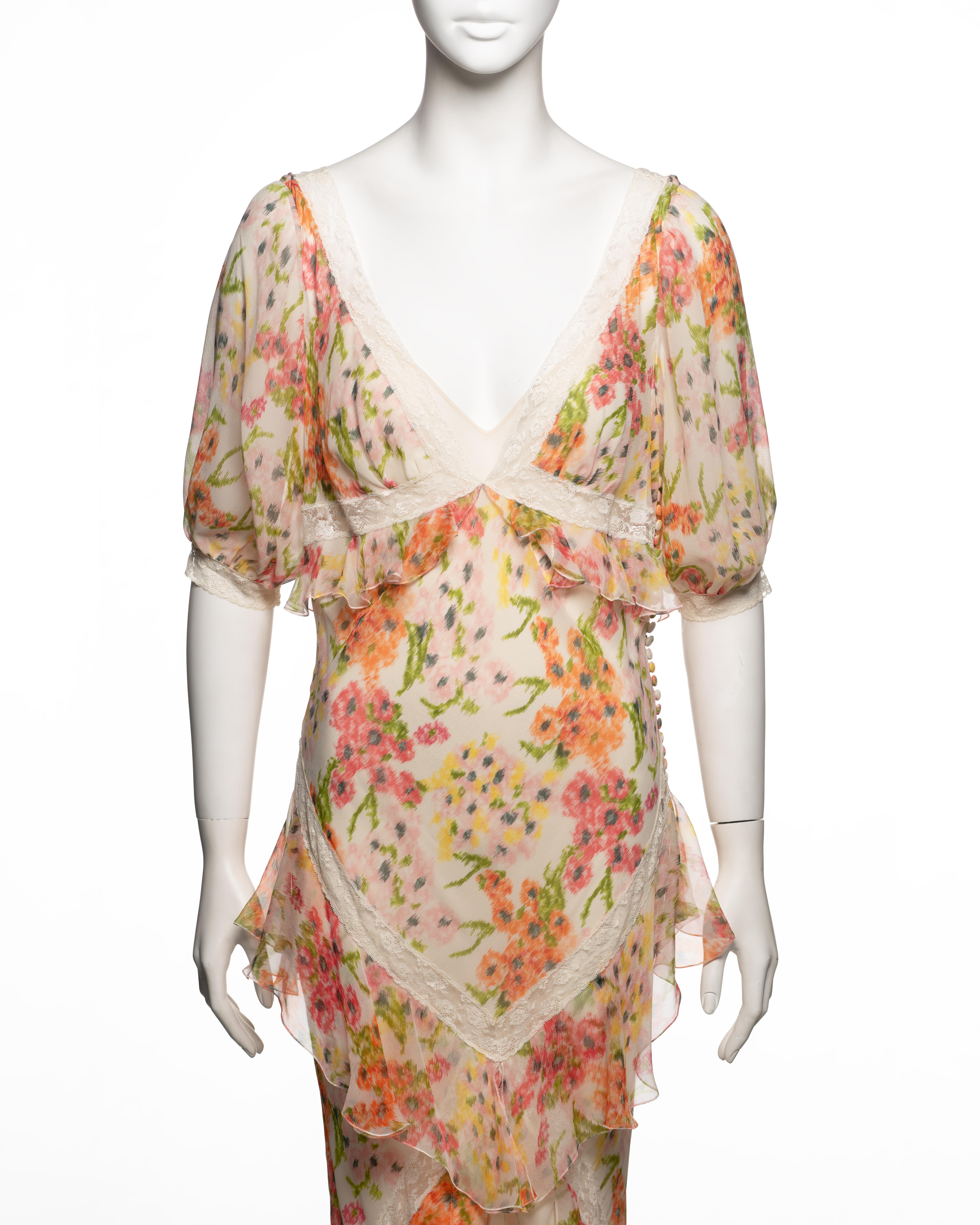 Christian Dior by John Galliano geblümtes Seidenkleid mit Baumwollspitzenbesatz mit Spitzenbesatz, F/S 2005 (Braun) im Angebot