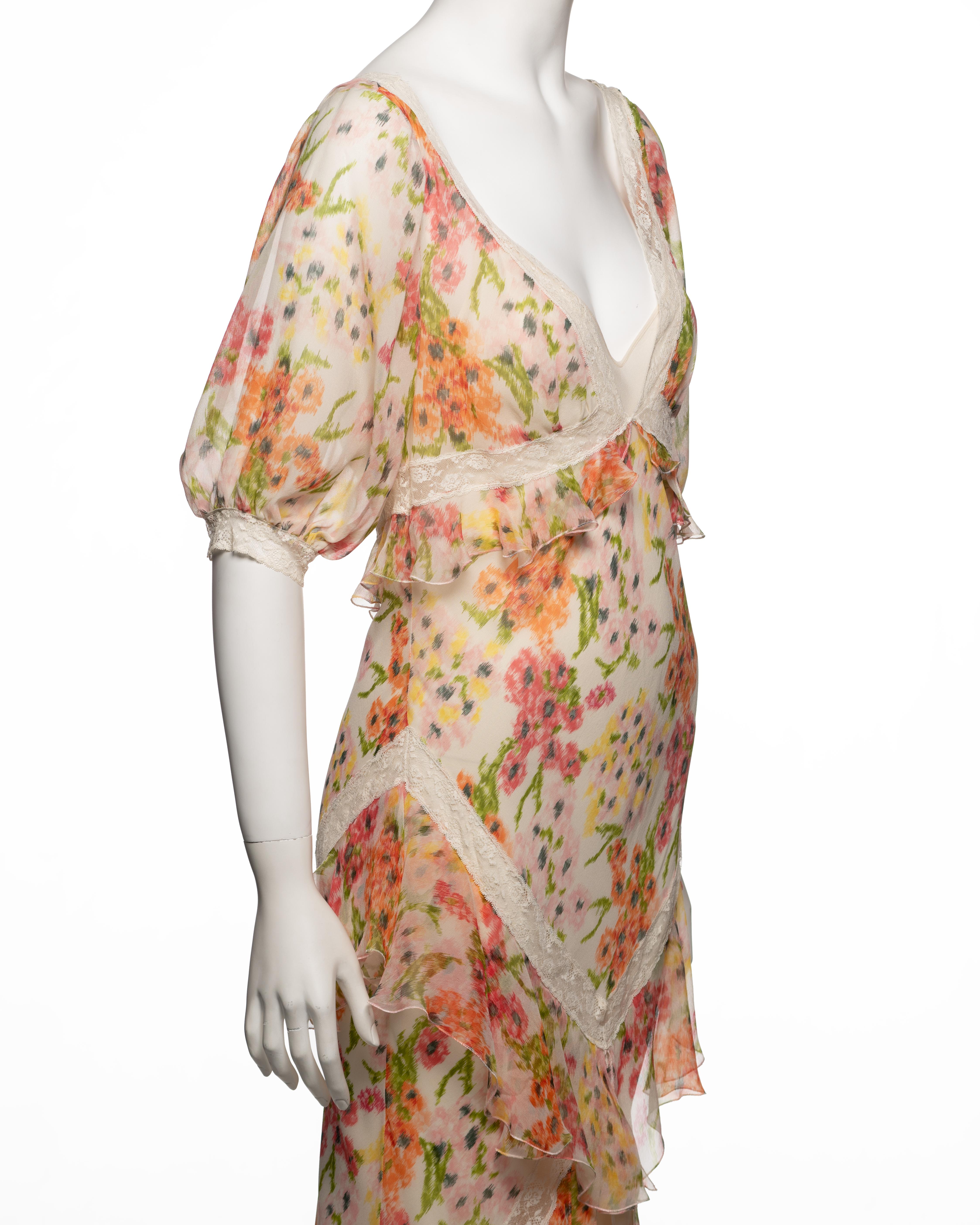 Christian Dior by John Galliano geblümtes Seidenkleid mit Baumwollspitzenbesatz mit Spitzenbesatz, F/S 2005 Damen im Angebot