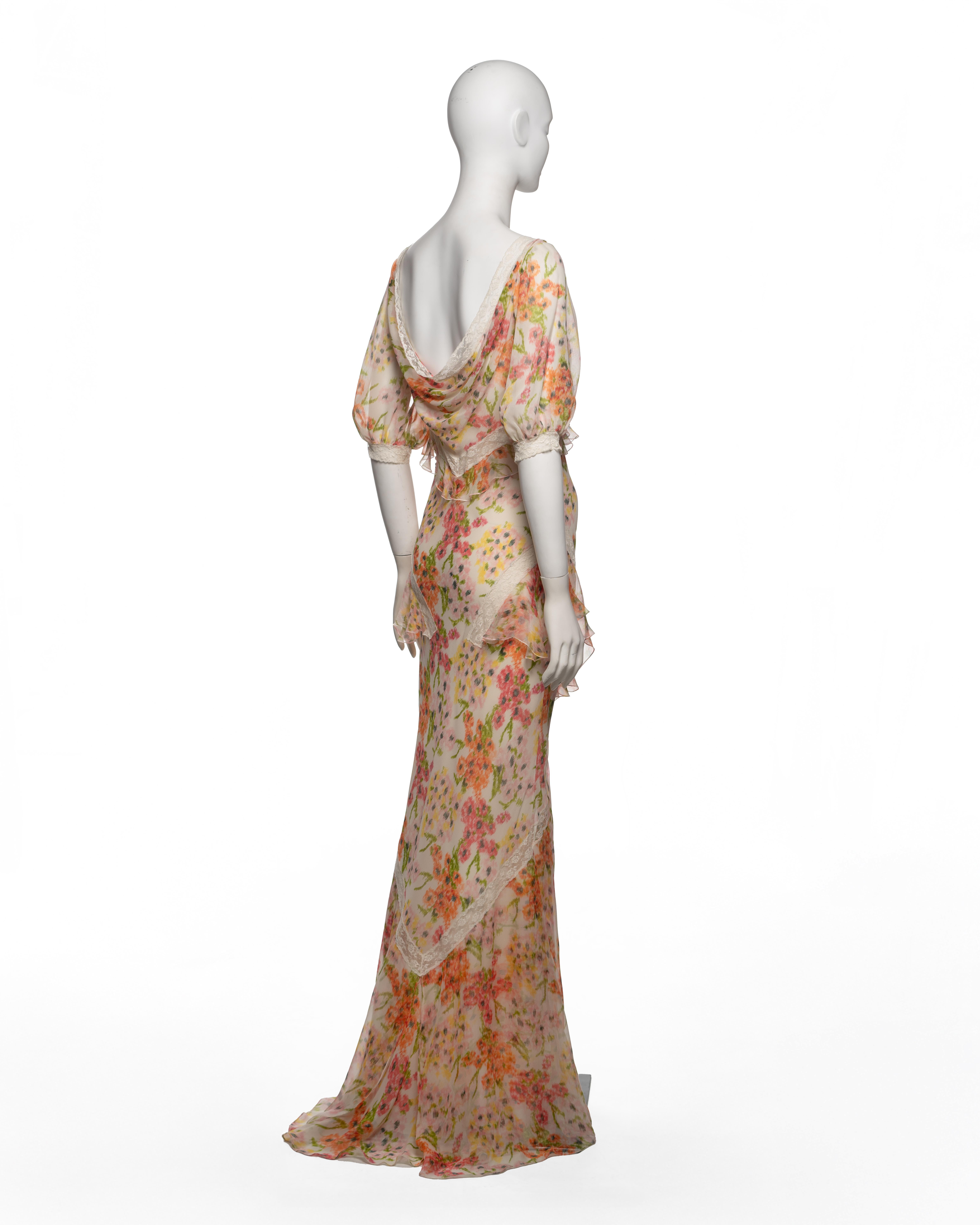 Christian Dior by John Galliano geblümtes Seidenkleid mit Baumwollspitzenbesatz mit Spitzenbesatz, F/S 2005 im Angebot 1