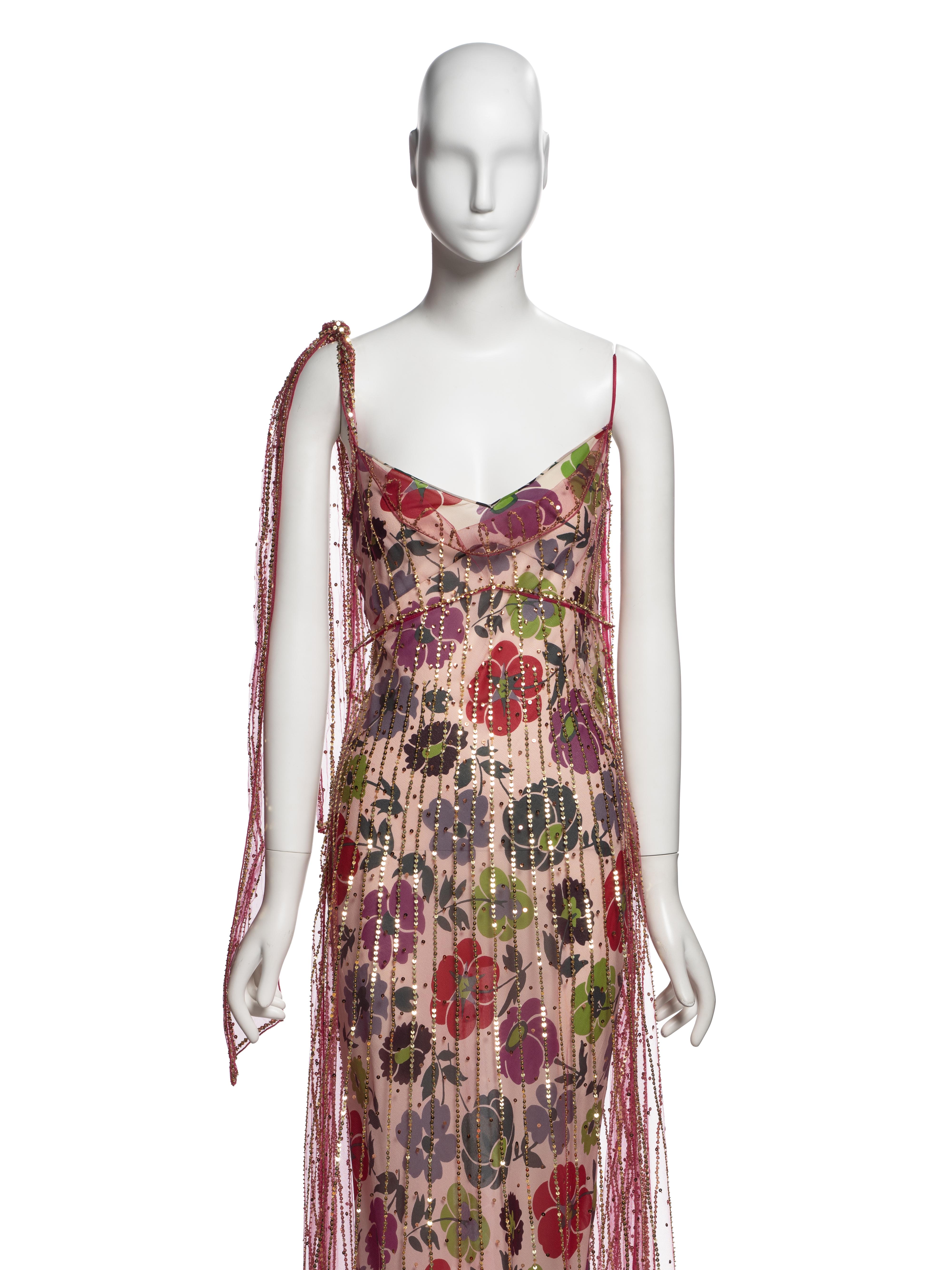 Marron Christian Dior by John Galliano Robe de soirée en soie florale ornée, FW 2001 en vente