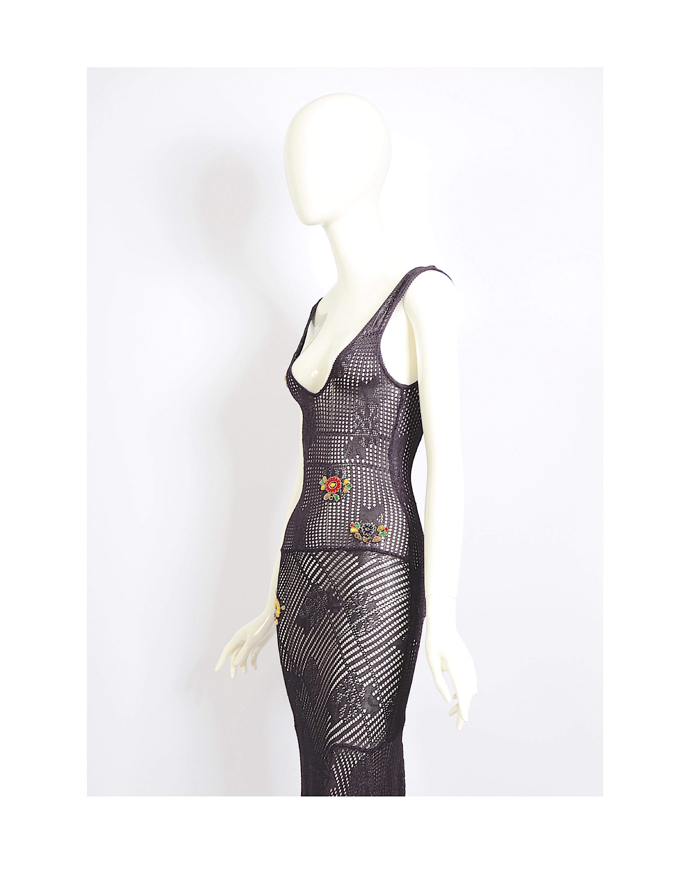 Christian Dior by John Galliano FW 2001 dark purple crochet embroidered dress In Good Condition In Antwerp, BE