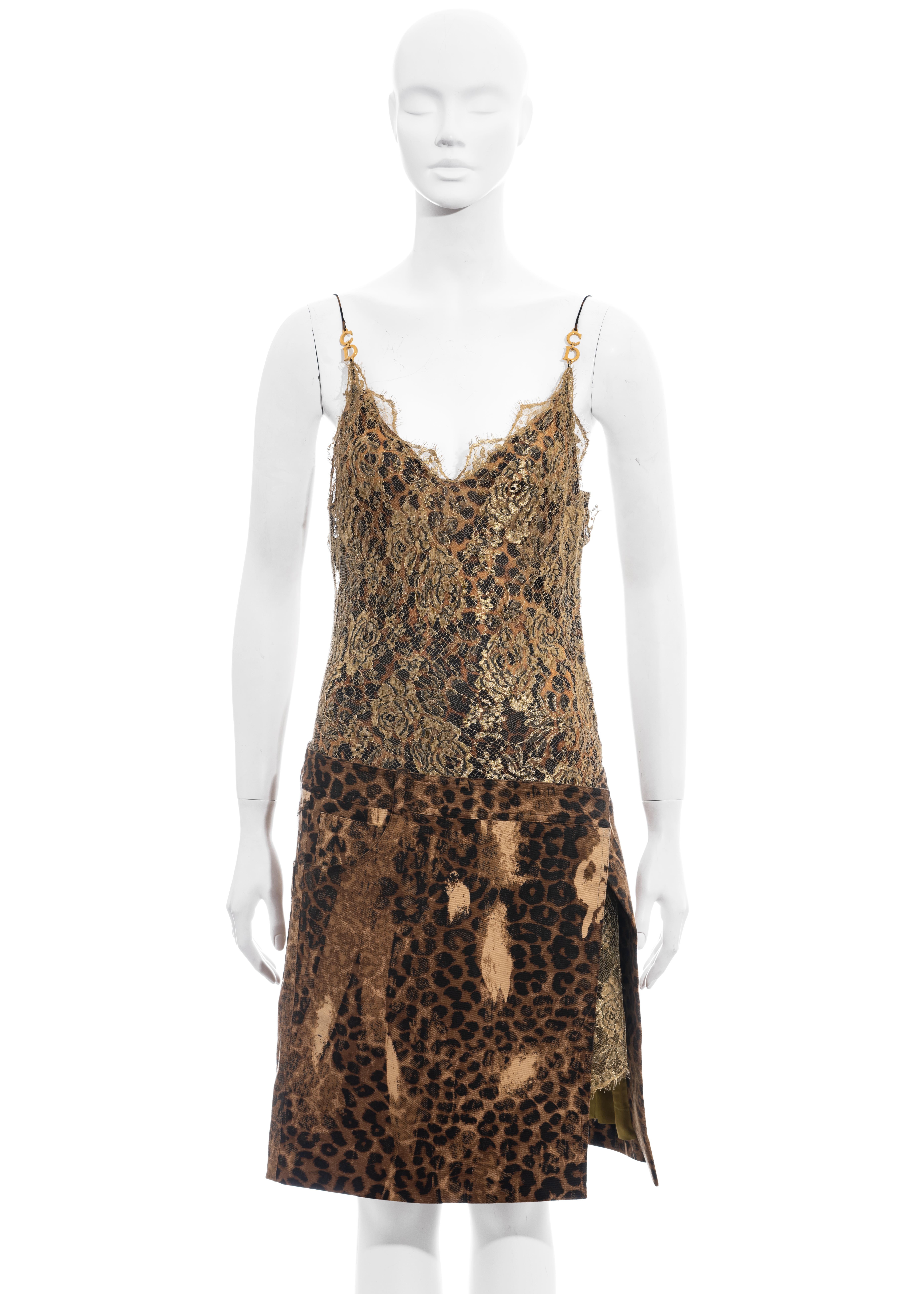 Black Christian Dior by John Galliano gold lace and leopard print silk dress, fw 2000 For Sale
