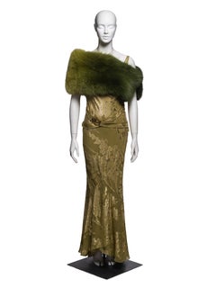 Christian Dior by John Galliano Gold & Olive Metallic Silk Dress & Fur, FW 2004