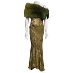 Christian Dior by John Galliano Gold & Olive Metallic Silk Dress & Fur, FW 2004