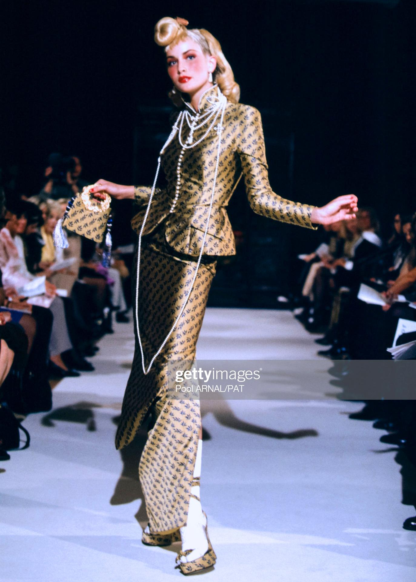 Brown Christian Dior by John Galliano gold satin jacquard pant suit, fw 1997