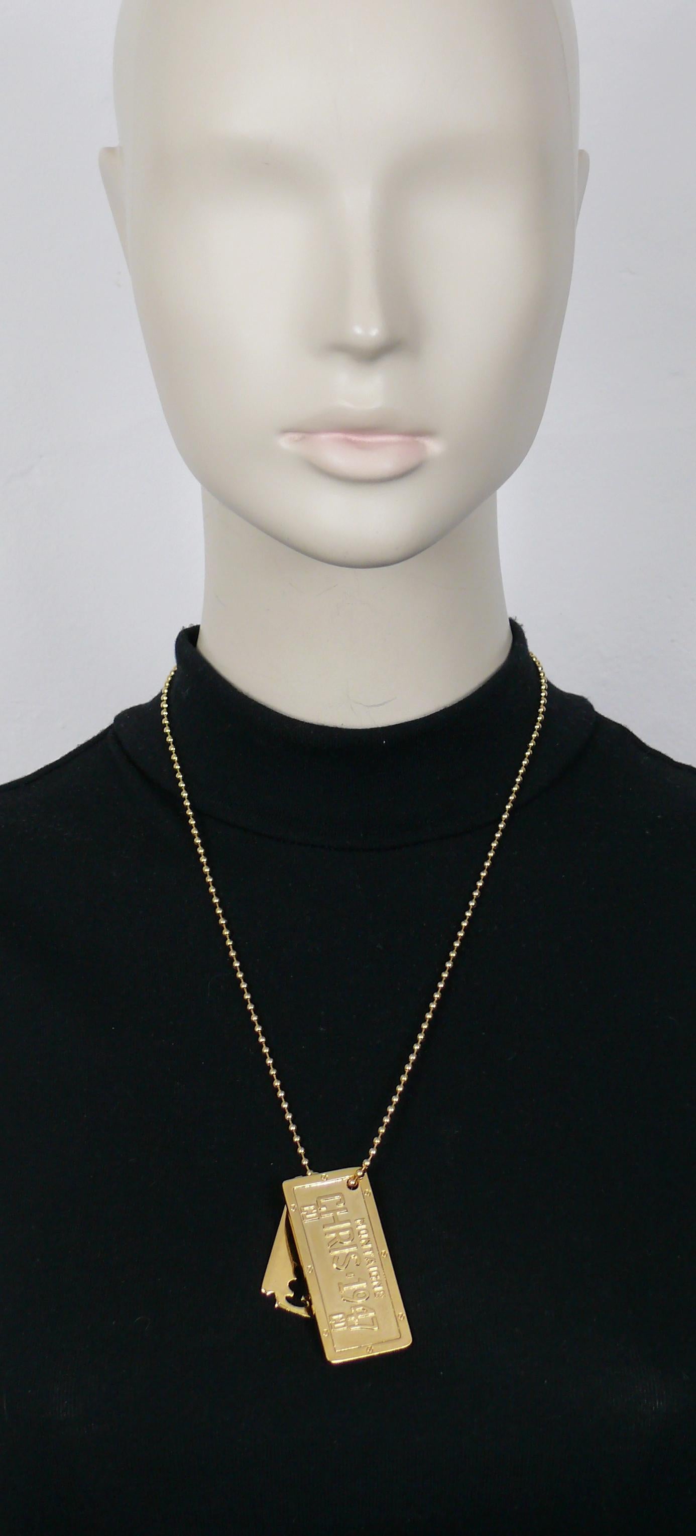 CHRISTIAN DIOR by JOHN GALLIANO gold tone ball chain necklace featuring a dog tag pendant embossed MONTAIGNE CHRIS 1947 CD and a razor blade pendant.

No clasp.
Slips on.

Unmarked (usual for this model).

Indicative measurements : length worn