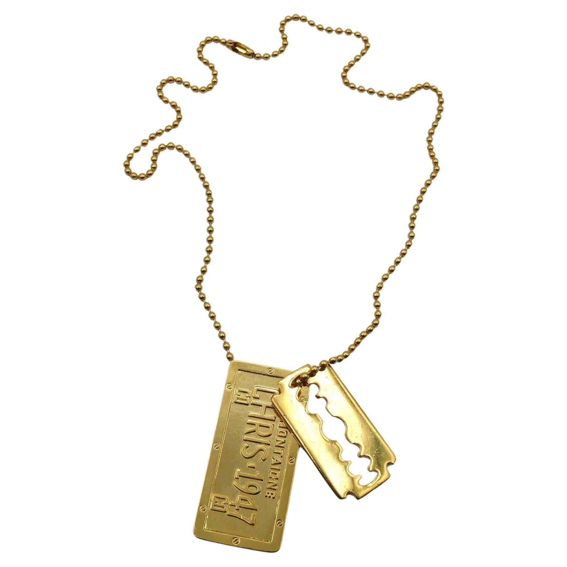 CHRISTIAN DIOR by JOHN GALLIANO Gold Tone Dog Tag Razor Blade Pendant Necklace For Sale