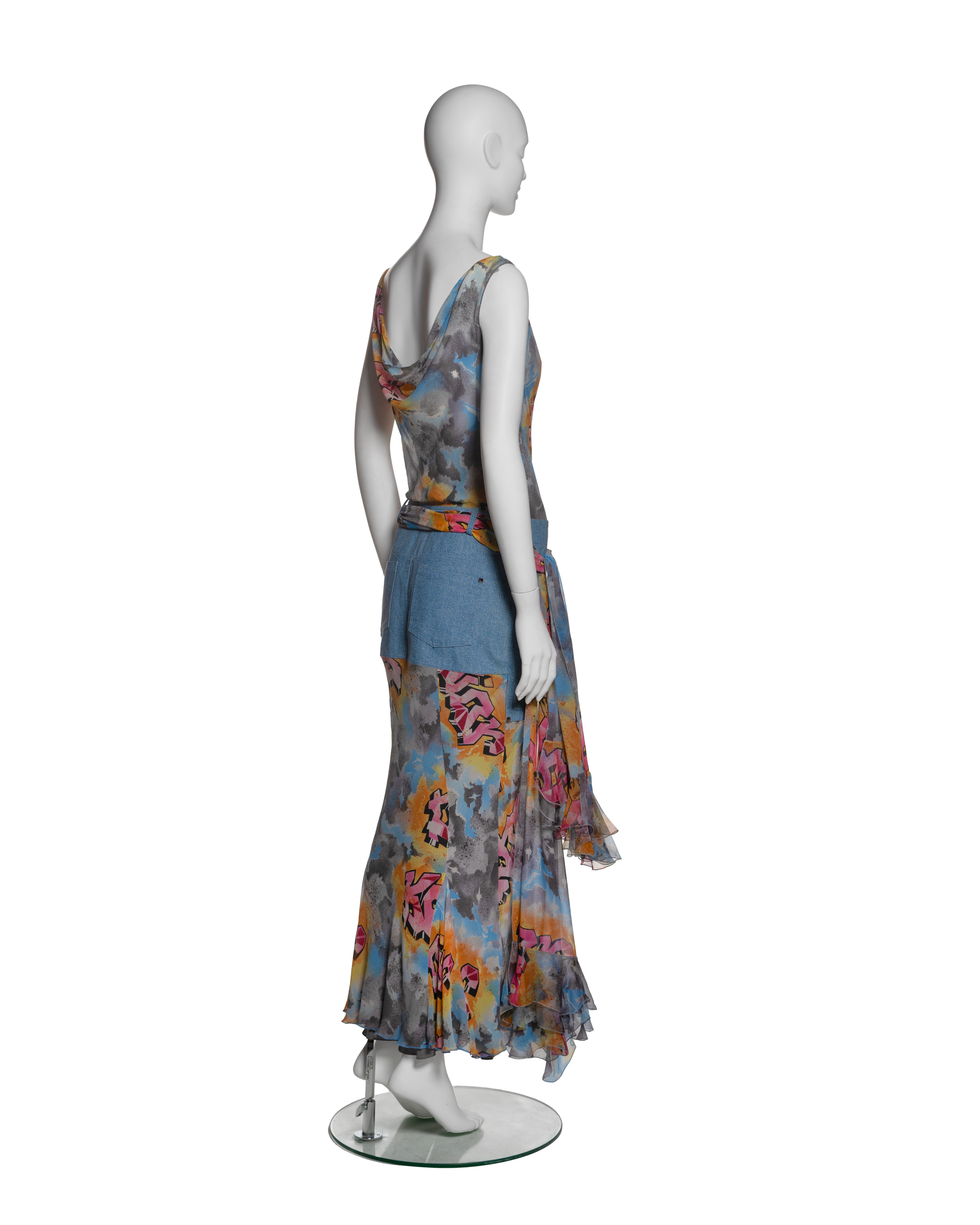 Christian Dior by John Galliano Graffiti Print Silk and Denim Dress, SS 2004 For Sale 5