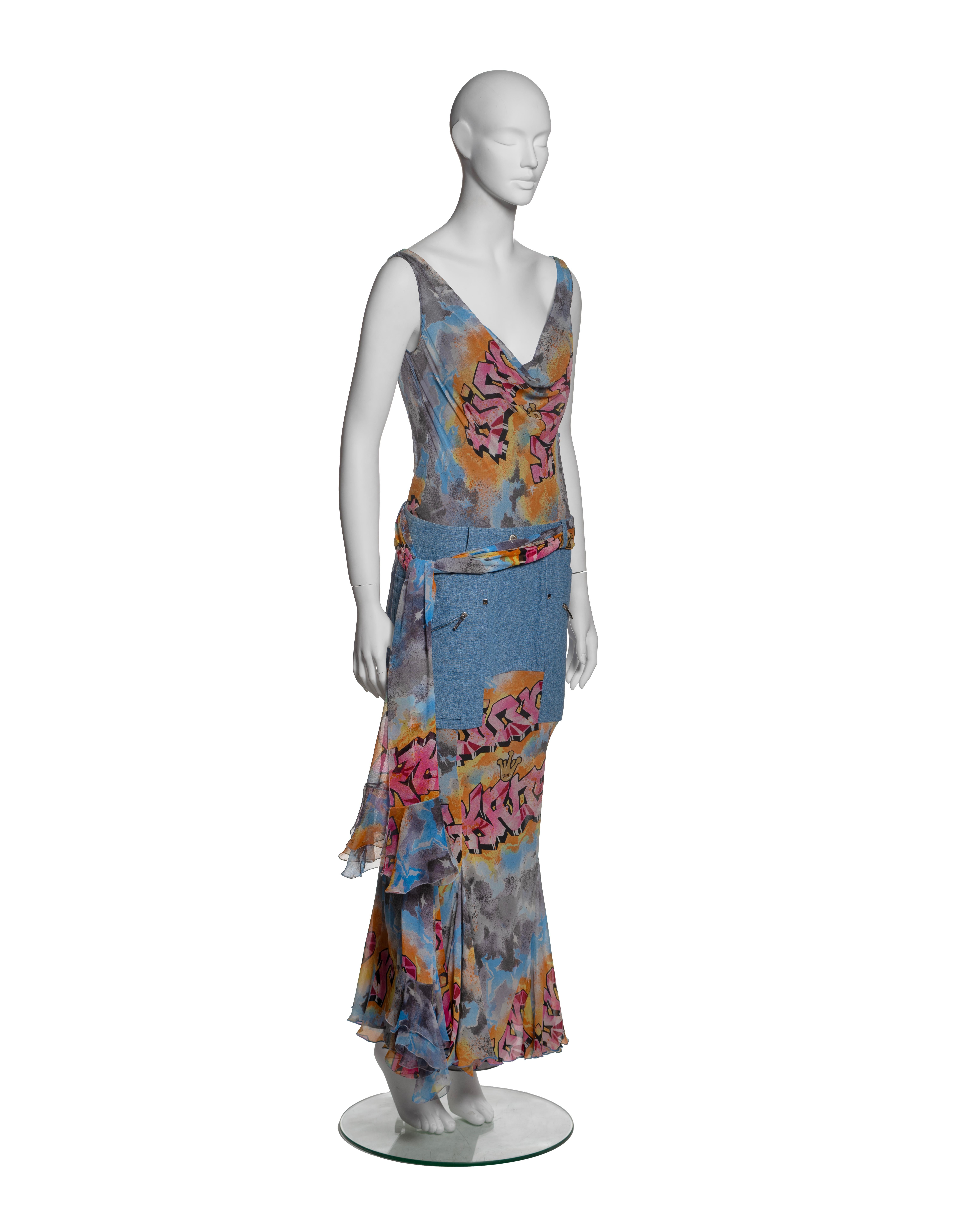 Christian Dior by John Galliano Graffiti Print Silk and Denim Dress, SS 2004 For Sale 6