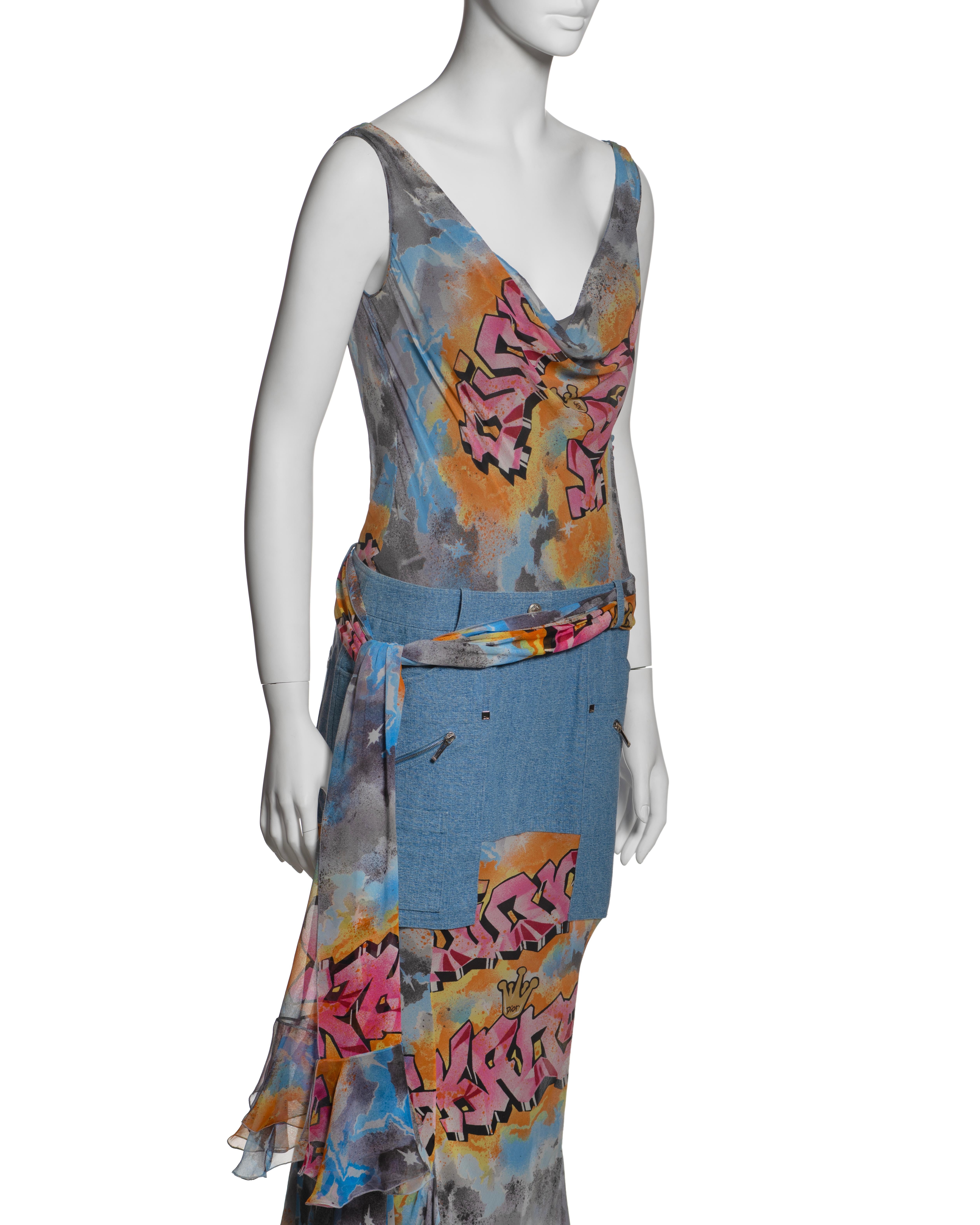 Christian Dior by John Galliano Graffiti Print Silk and Denim Dress, SS 2004 For Sale 7
