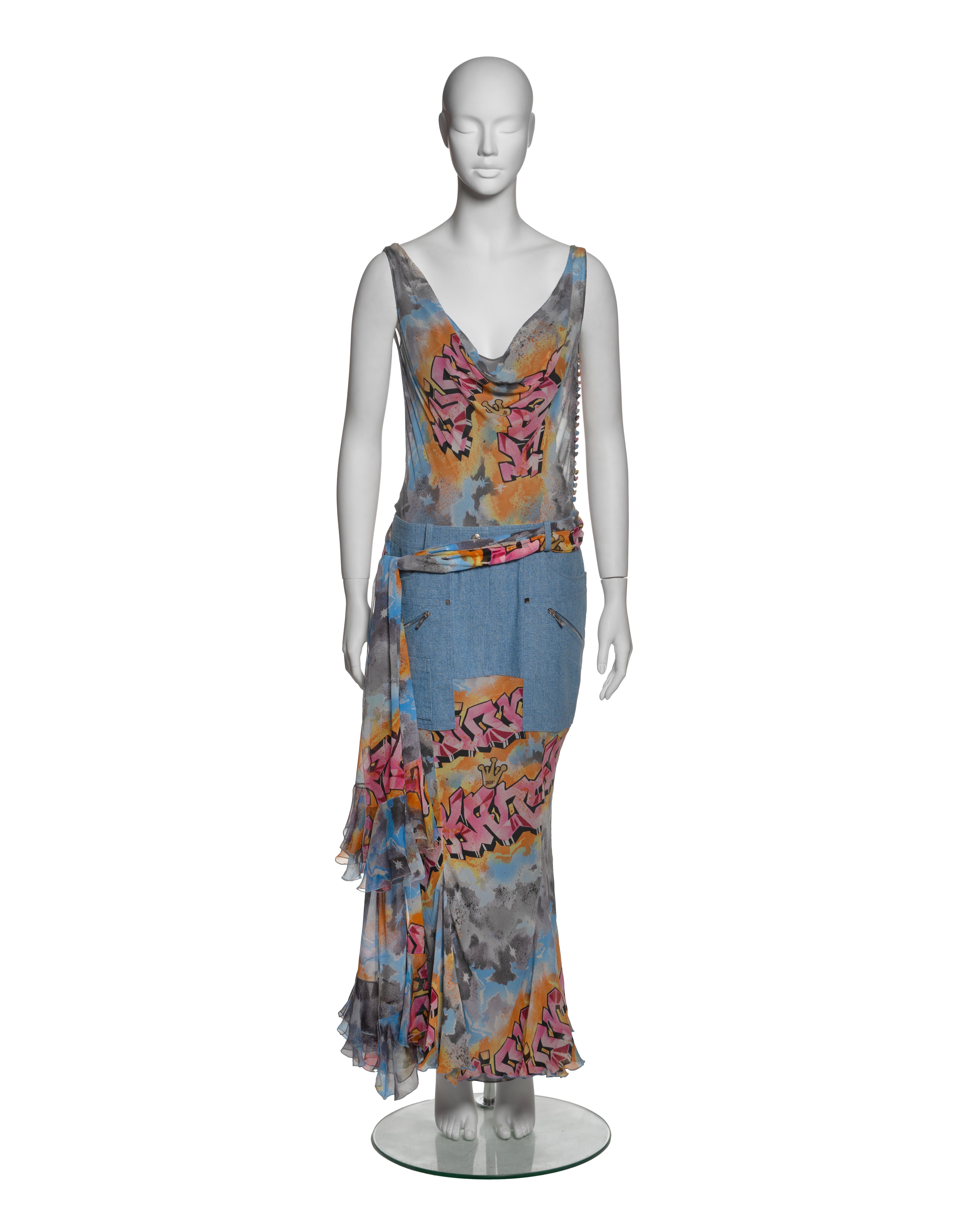 This Christian Dior by John Galliano dress from the Spring-Summer 2004 collection exemplifies Galliano's signature mix of unexpected materials and intricate detailing. The bodice is crafted from silk chiffon, featuring a draped cowl neckline and