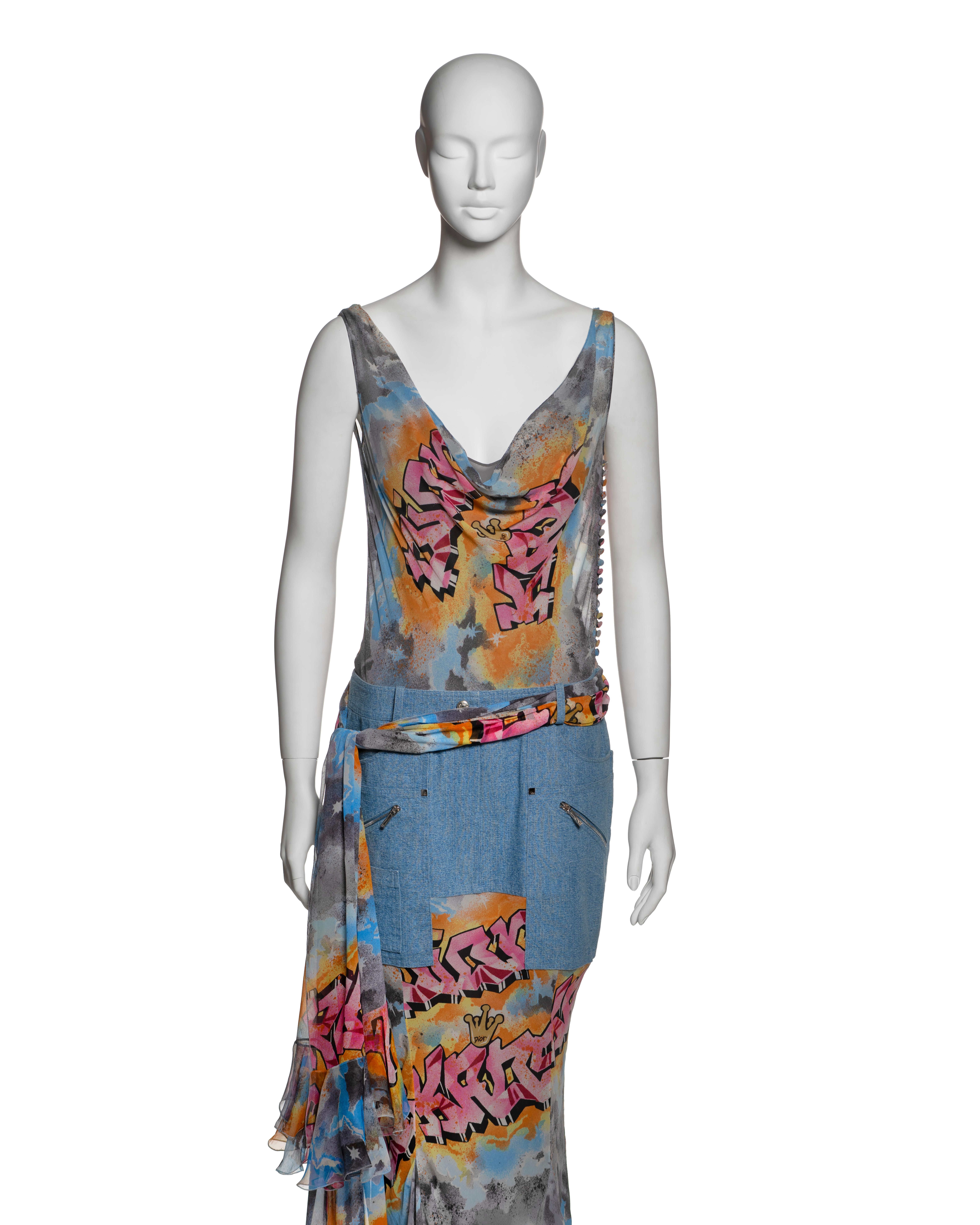 Gray Christian Dior by John Galliano Graffiti Print Silk and Denim Dress, SS 2004 For Sale