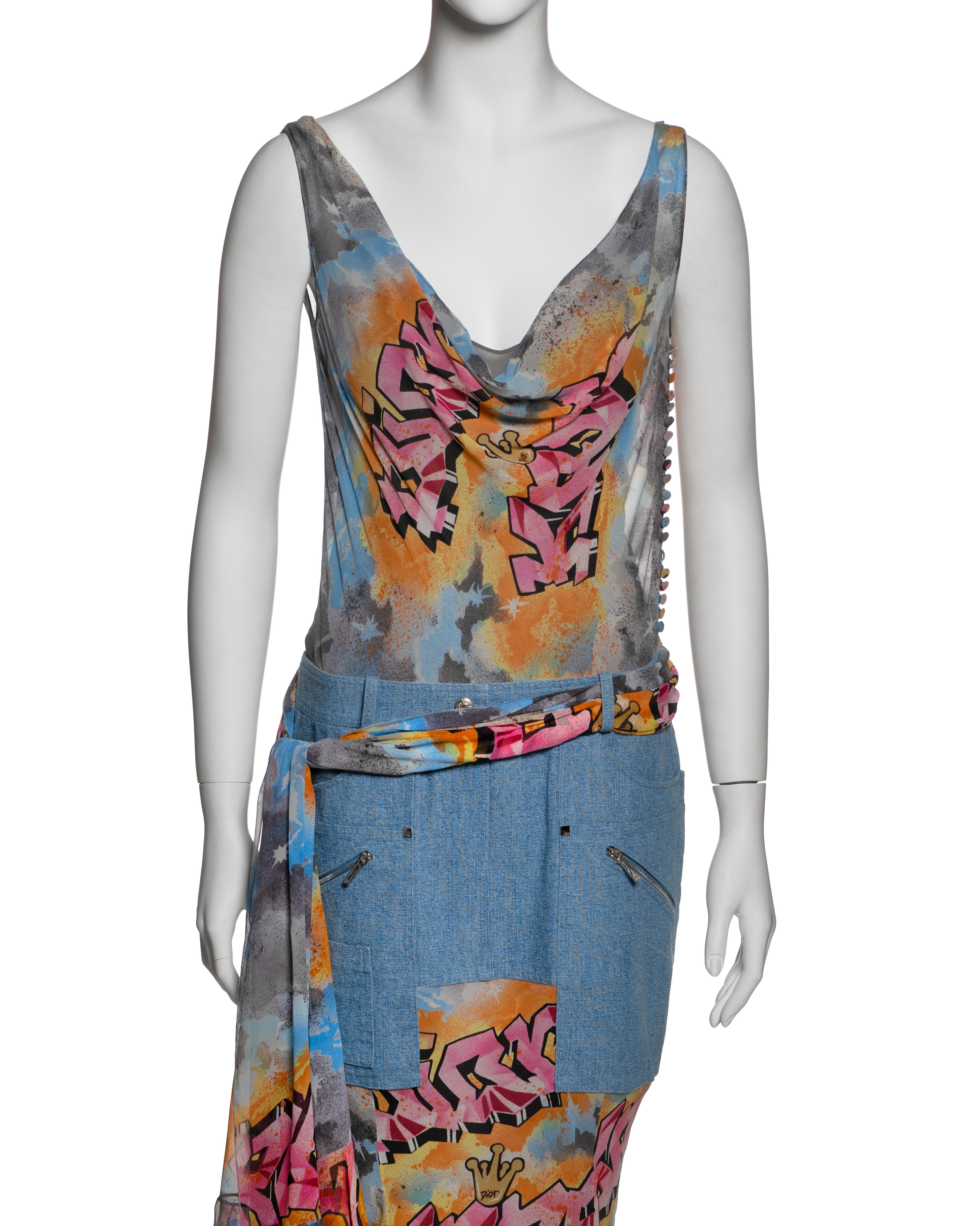 Christian Dior by John Galliano Graffiti Print Silk and Denim Dress, SS 2004 In Excellent Condition For Sale In London, GB