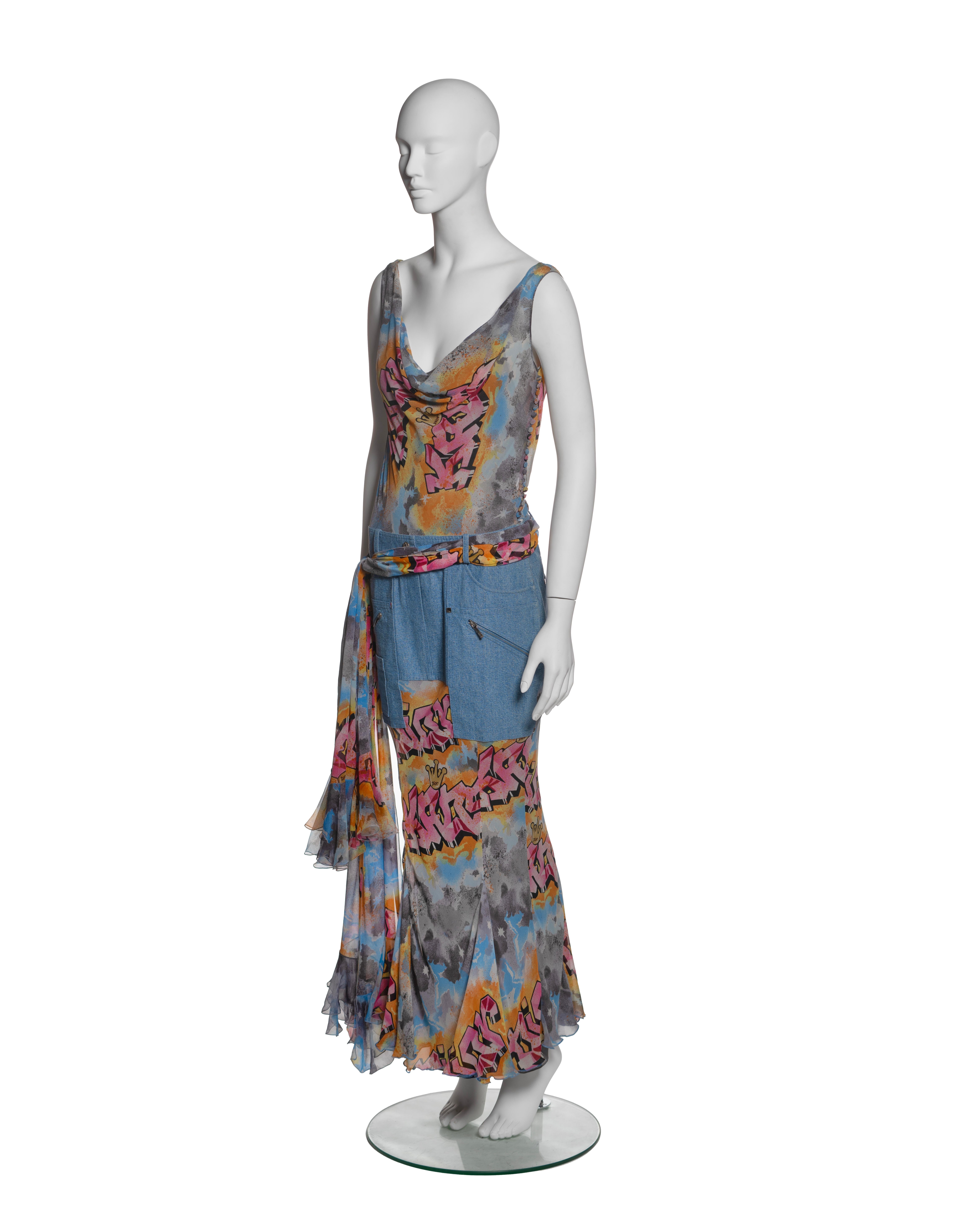 Women's Christian Dior by John Galliano Graffiti Print Silk and Denim Dress, SS 2004 For Sale