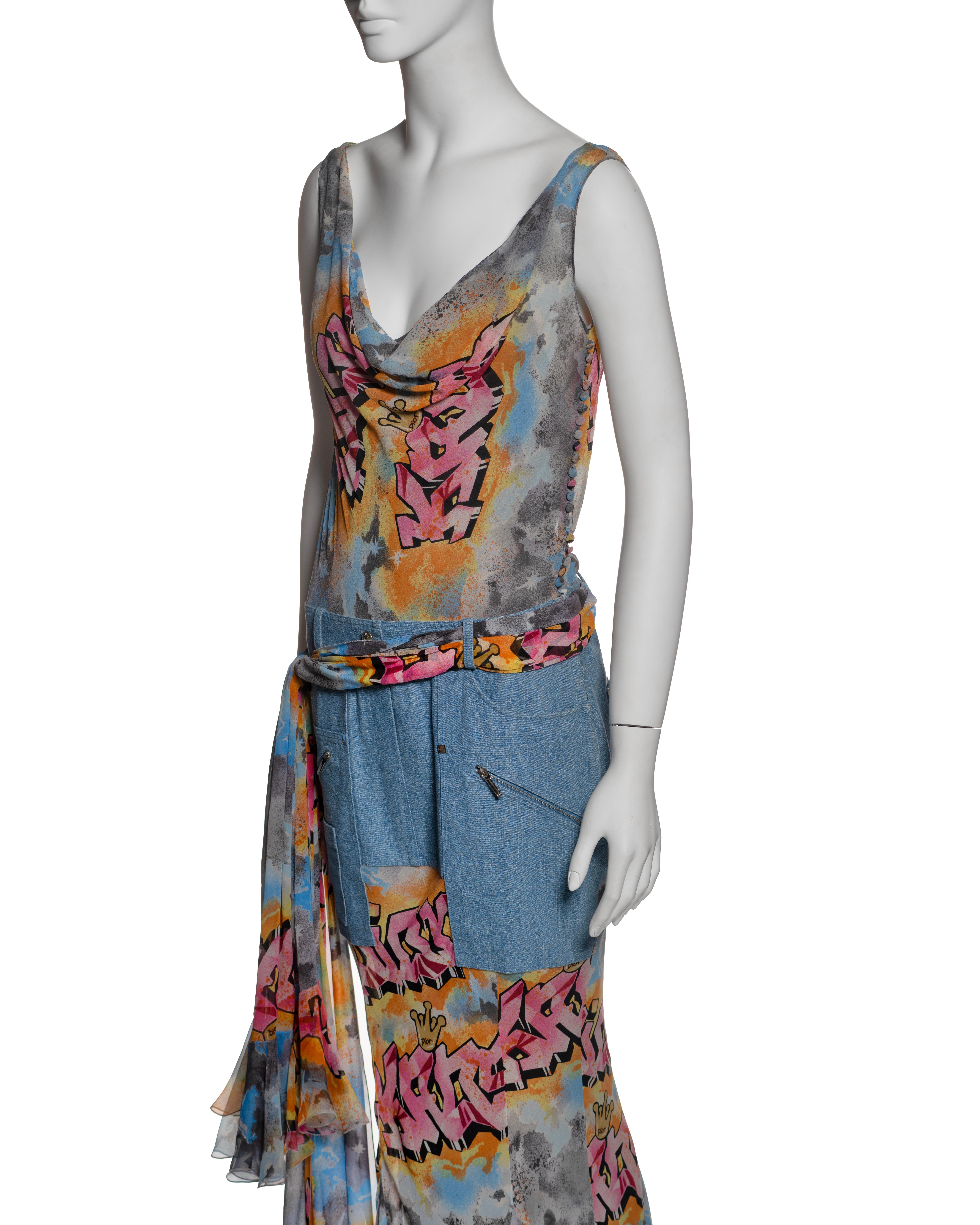 Christian Dior by John Galliano Graffiti Print Silk and Denim Dress, SS 2004 For Sale 1