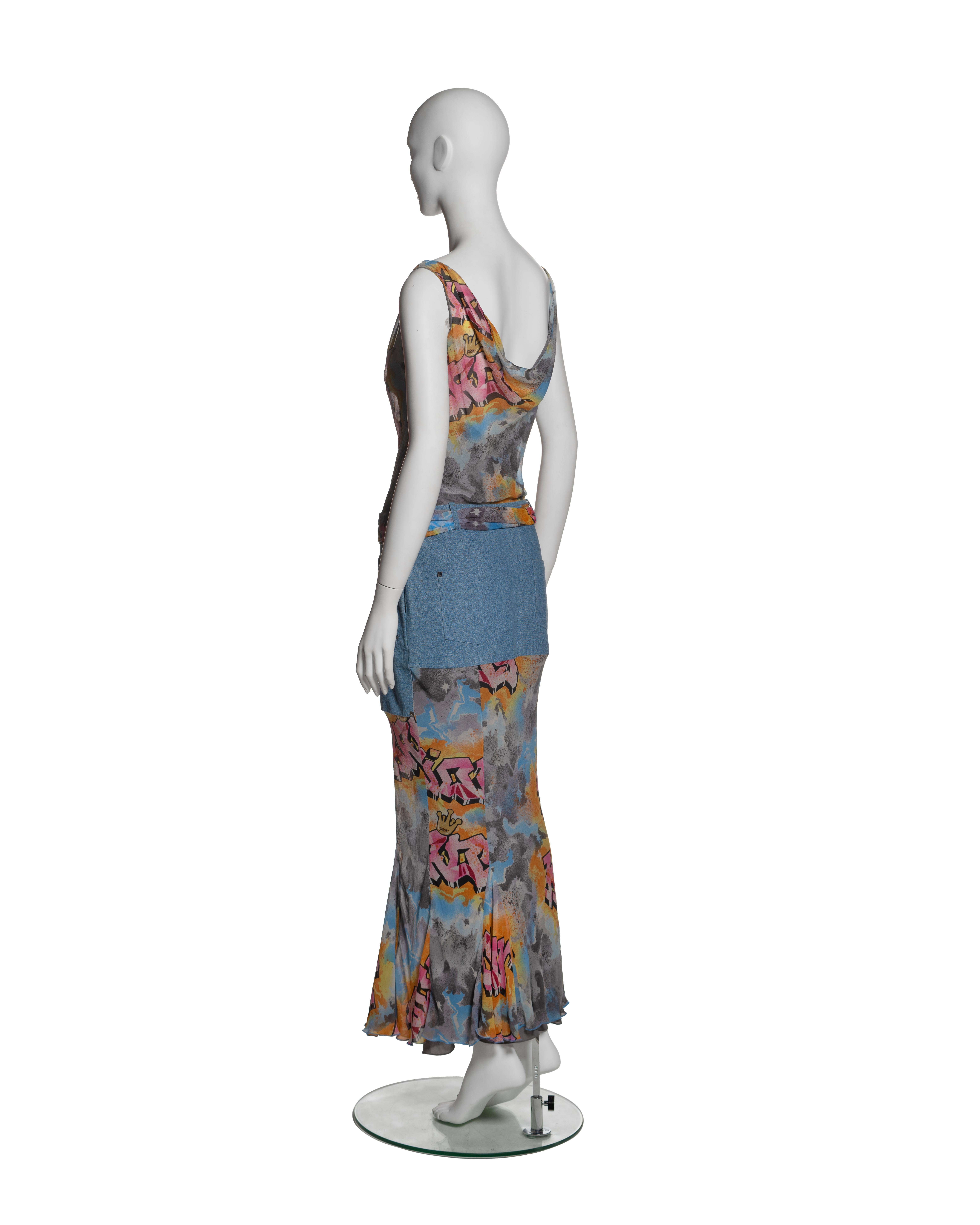Christian Dior by John Galliano Graffiti Print Silk and Denim Dress, SS 2004 For Sale 2