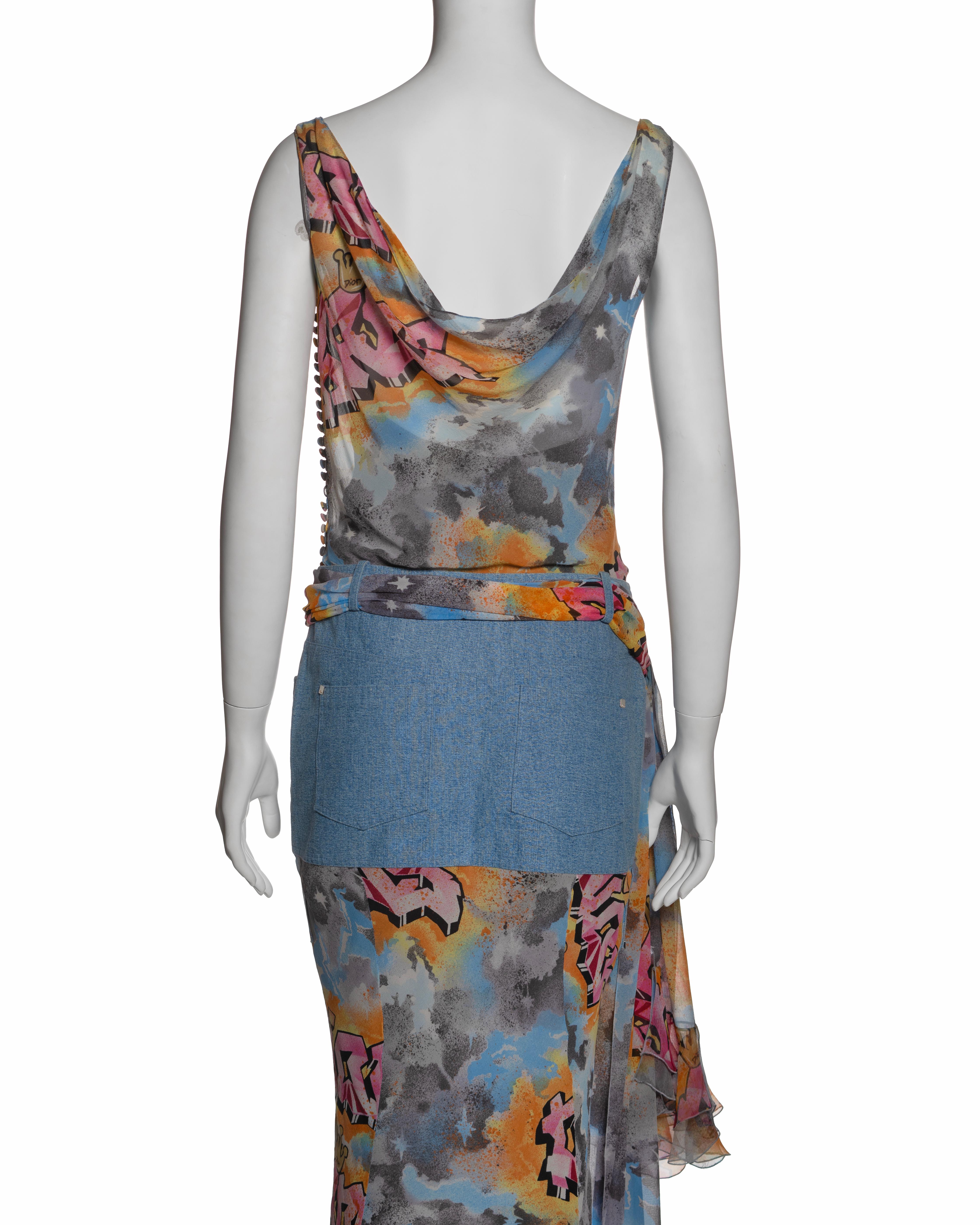 Christian Dior by John Galliano Graffiti Print Silk and Denim Dress, SS 2004 For Sale 4