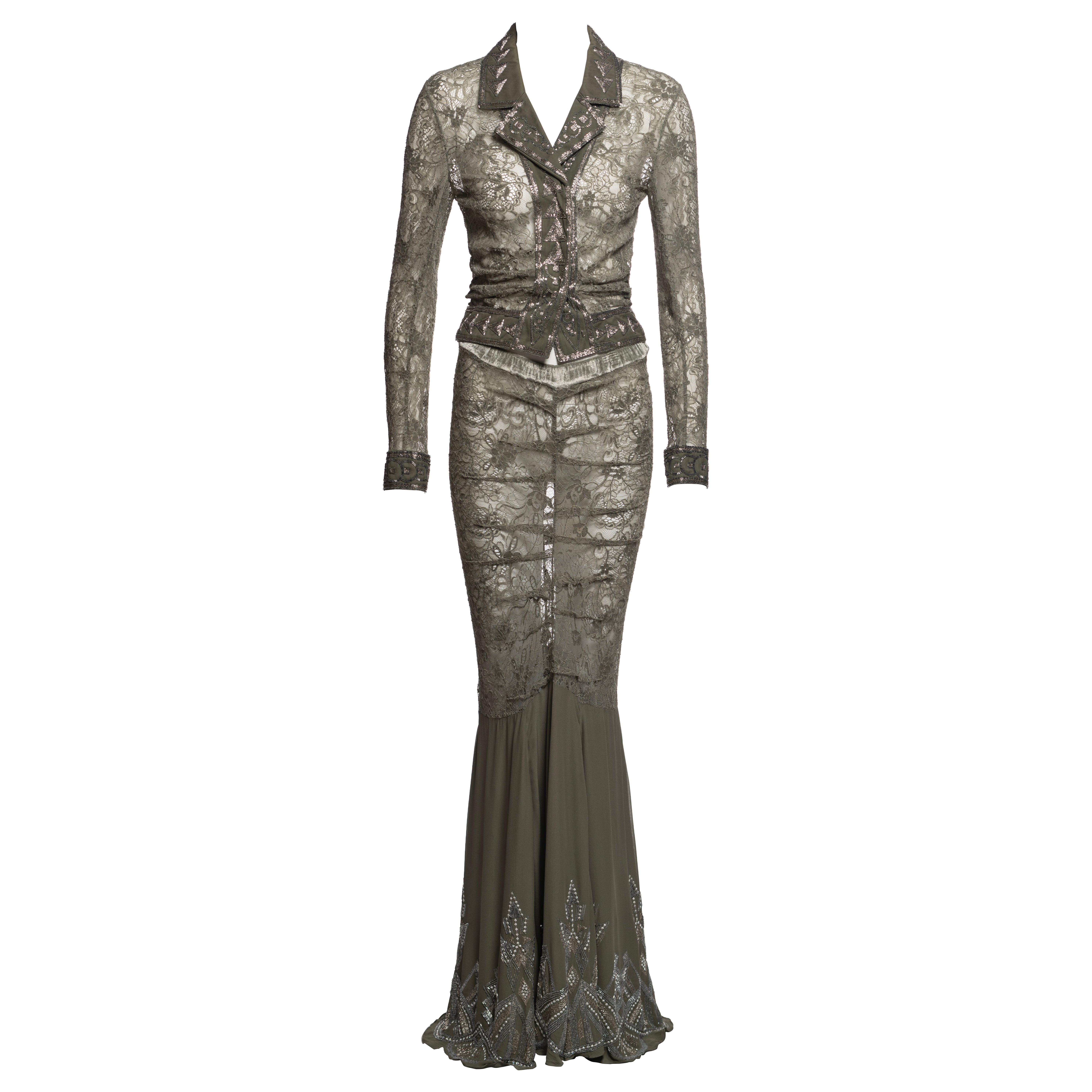 Christian Dior by John Galliano Green Beaded Lace Jacket & Skirt, SS 2003