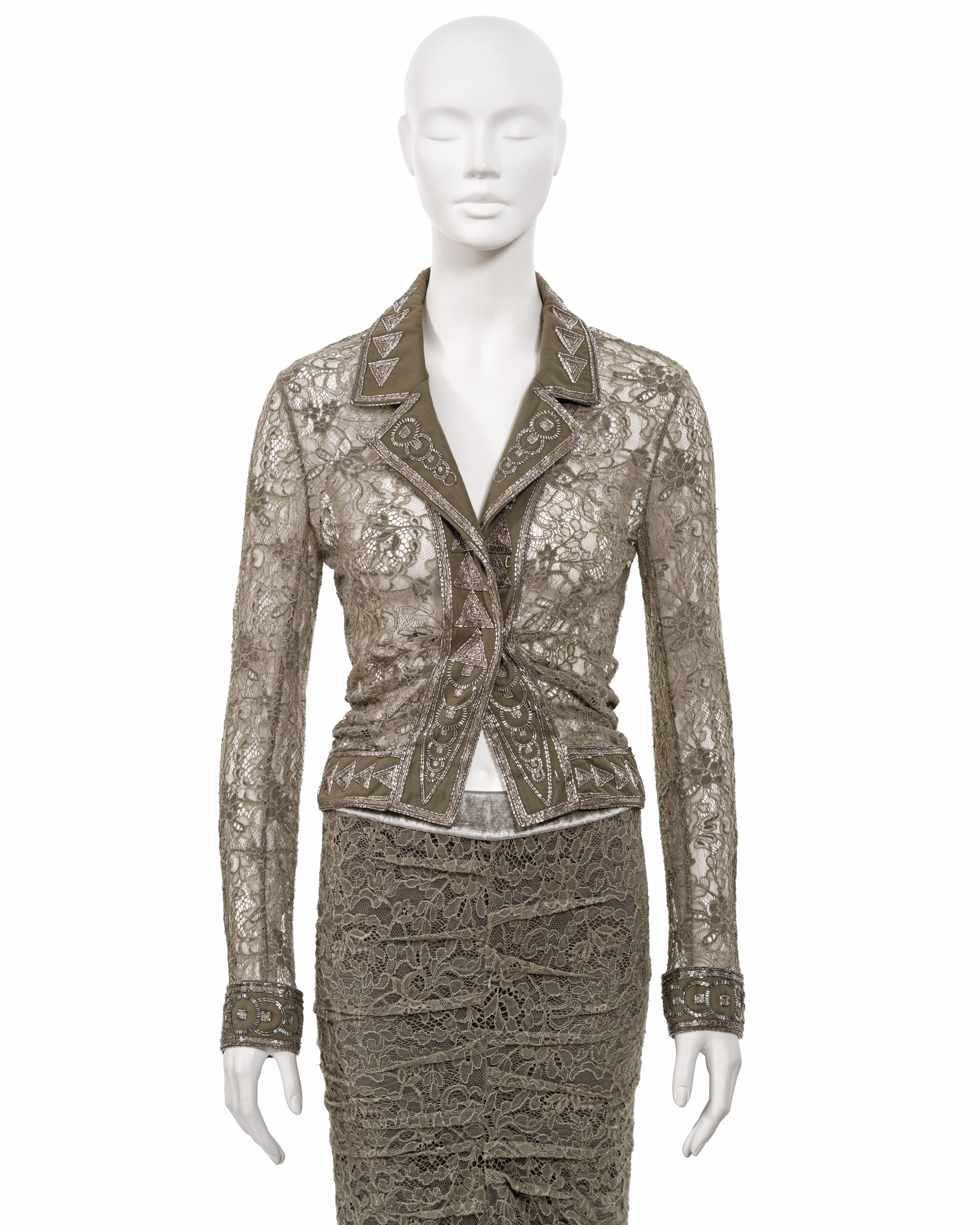 Christian Dior by John Galliano green lace beaded skirt suit, fw 2003 In Excellent Condition For Sale In London, GB