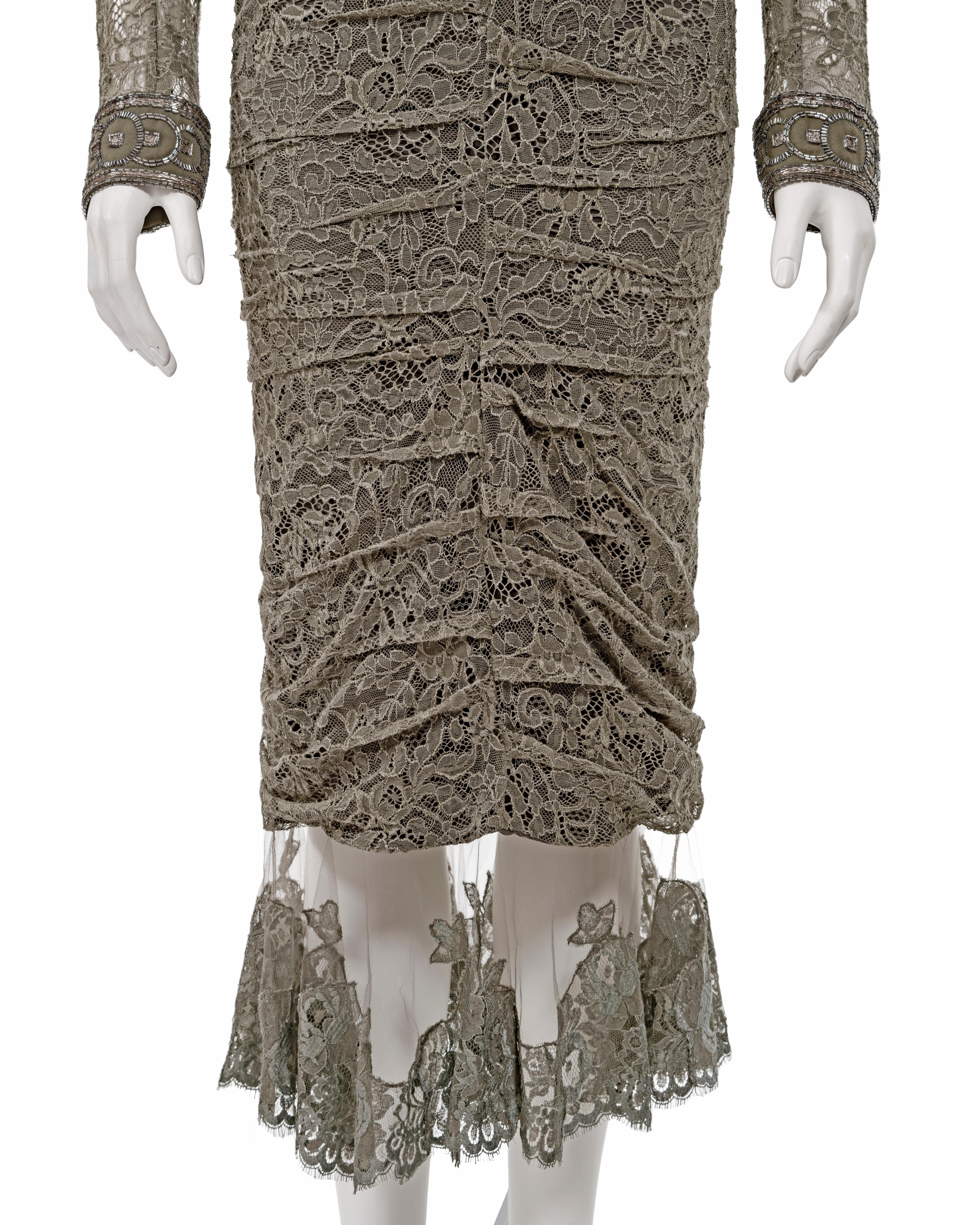 Women's Christian Dior by John Galliano green lace beaded skirt suit, fw 2003 For Sale