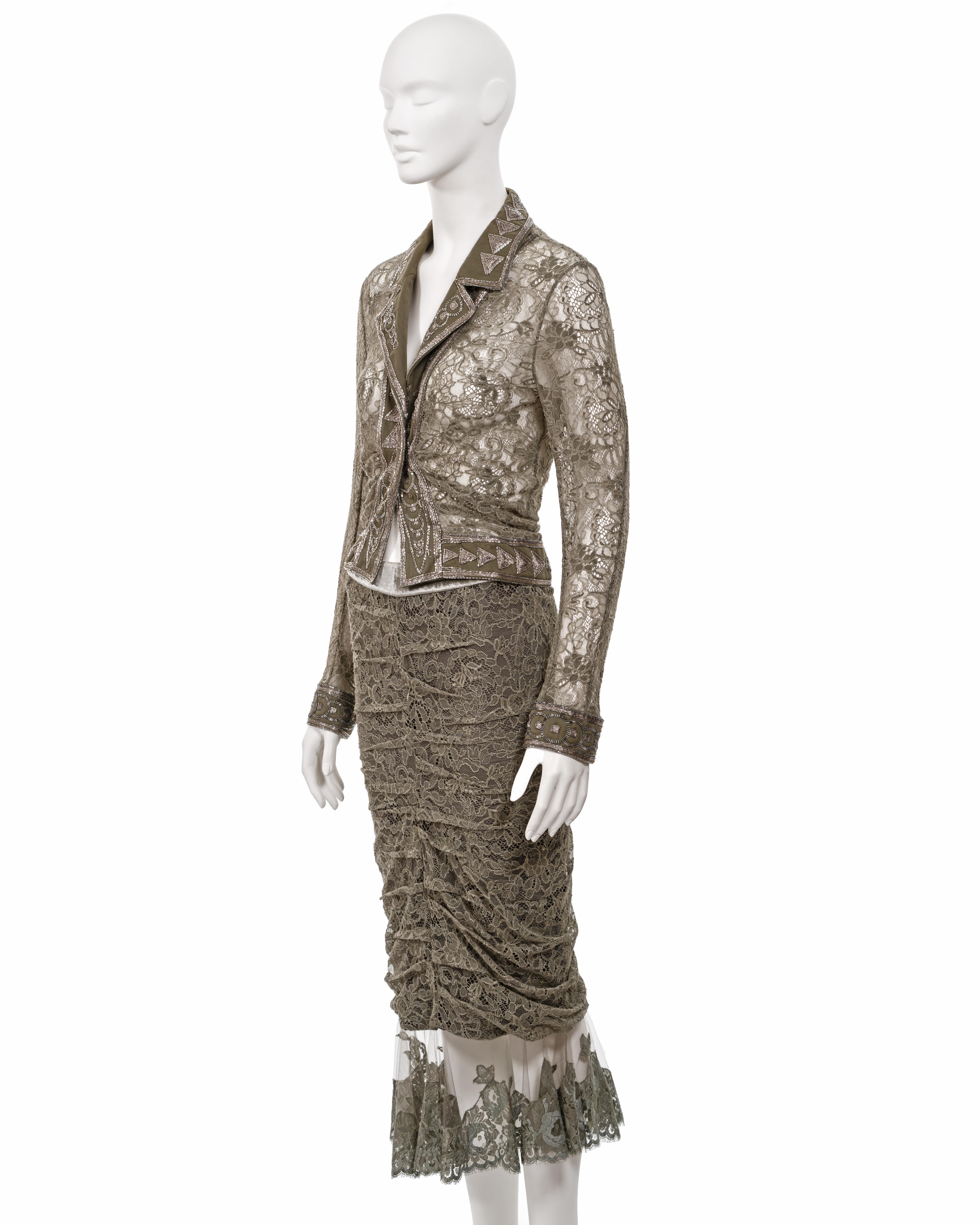 Christian Dior by John Galliano green lace beaded skirt suit, fw 2003 For Sale 2