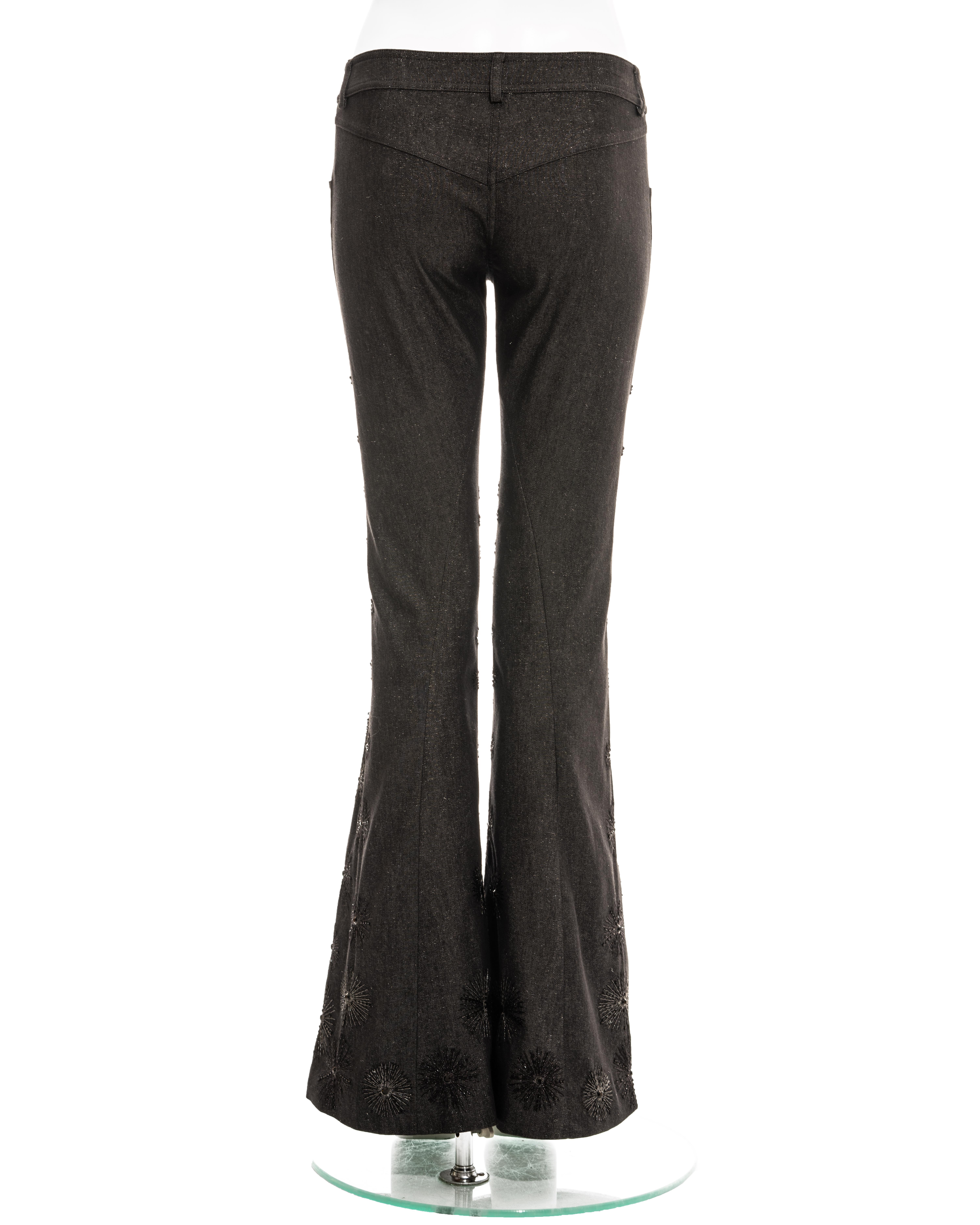 Black Christian Dior by John Galliano grey denim embroidered and beaded pants, ss 2002 For Sale