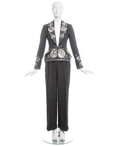 Christian Dior by John Galliano grey embroidered tweed pant suit, fw 1998