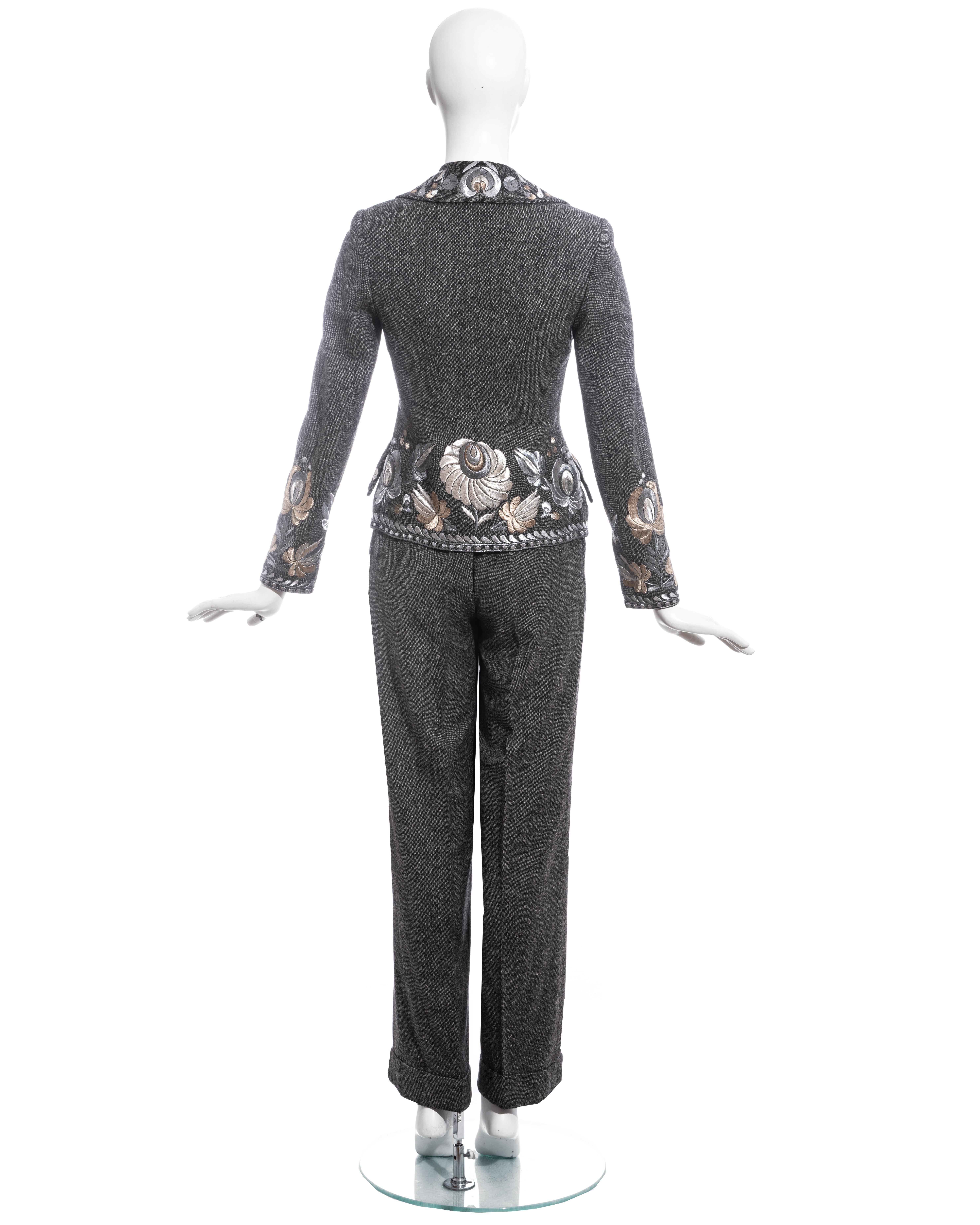 Women's or Men's Christian Dior by John Galliano grey embroidered tweed pant suit, fw 1998 For Sale