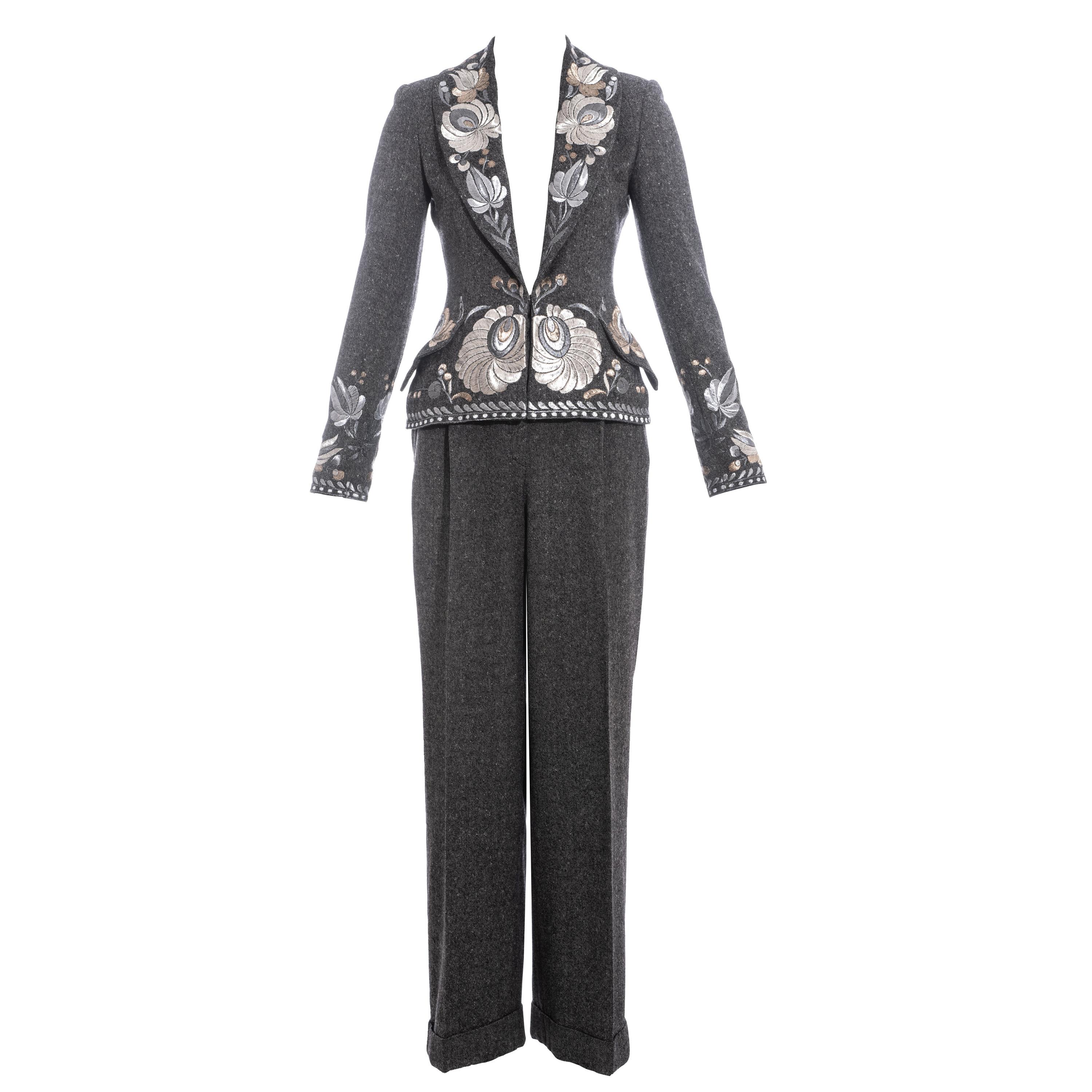 Christian Dior by John Galliano grey embroidered tweed pant suit, fw 1998