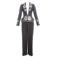 Retro Christian Dior by John Galliano grey embroidered tweed pant suit, fw 1998