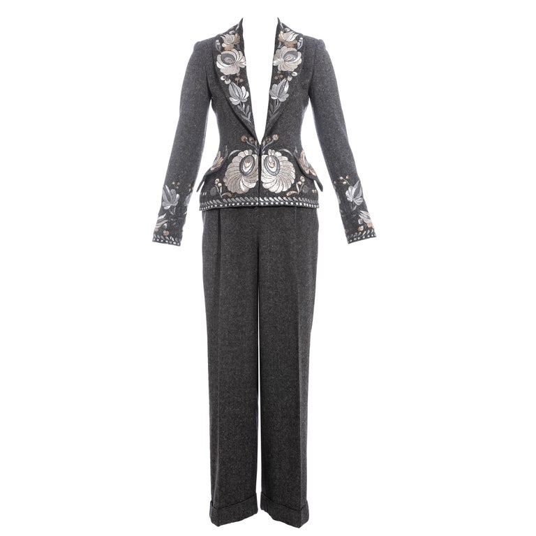 Christian Dior by John Galliano grey embroidered tweed pant suit, fw 1998 For Sale