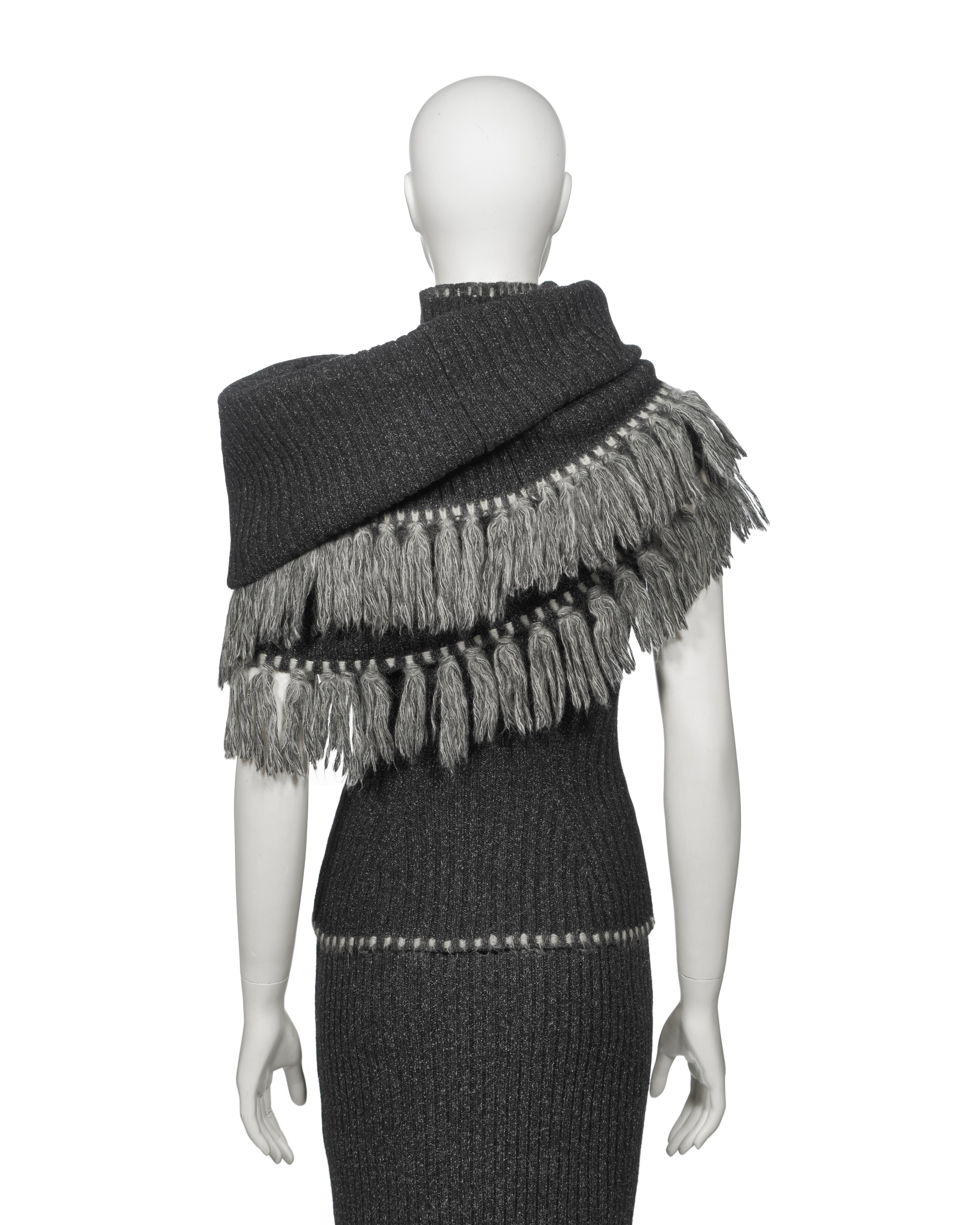 Christian Dior by John Galliano Grey Knit Ensemble with Fringe Scarf, FW 1999 For Sale 5