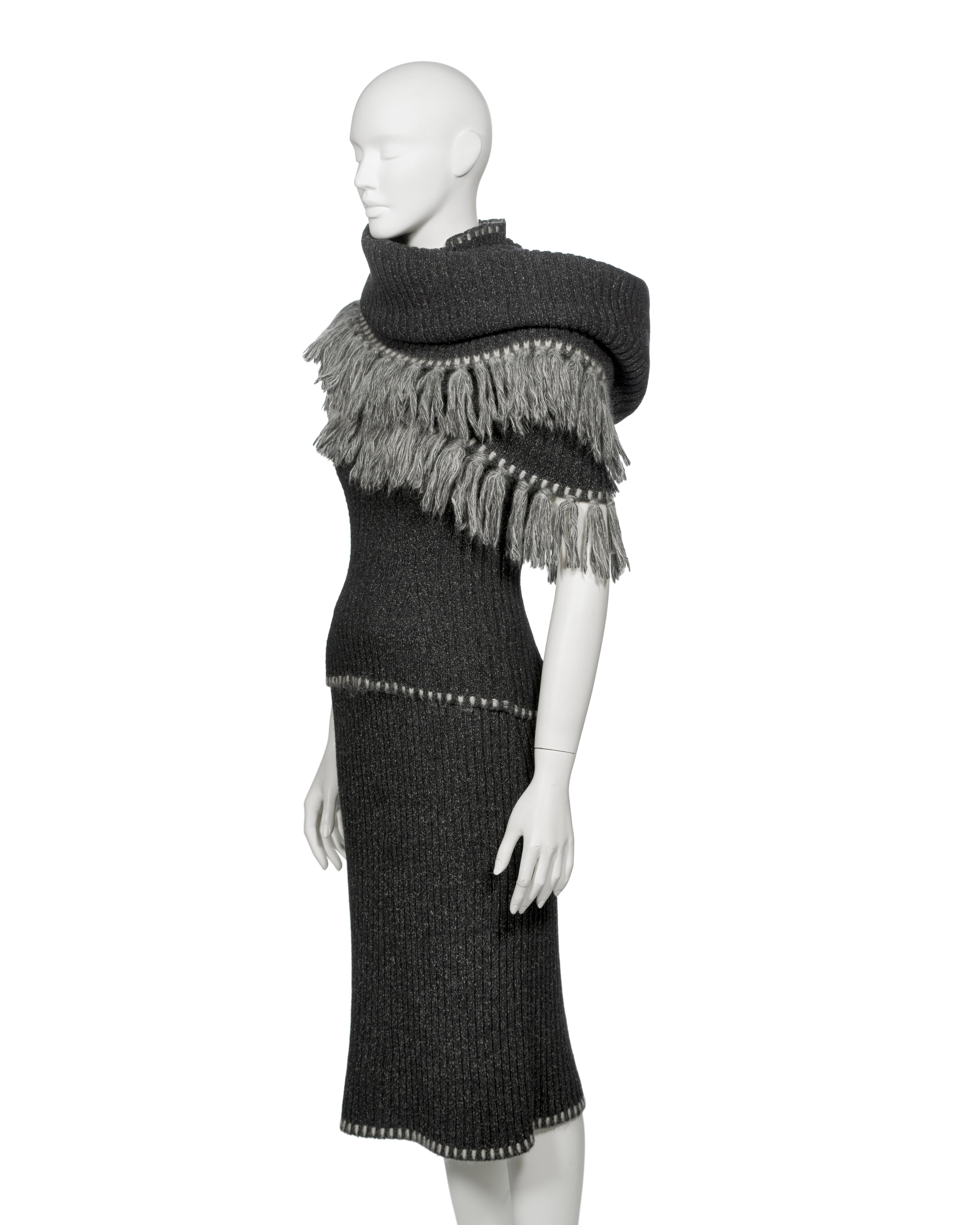 Christian Dior by John Galliano Grey Knit Ensemble with Fringe Scarf, FW 1999 For Sale 6