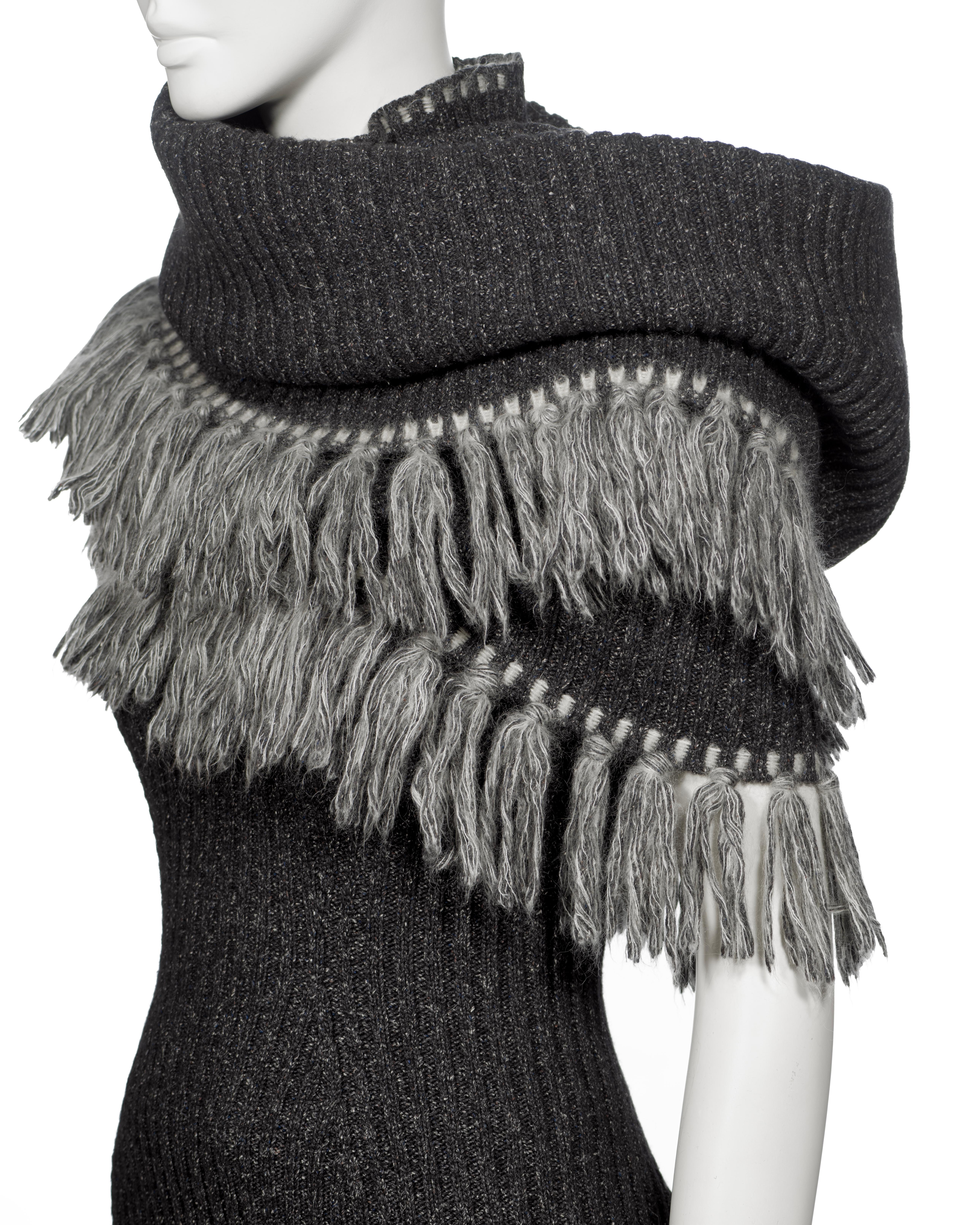 Christian Dior by John Galliano Grey Knit Ensemble with Fringe Scarf, FW 1999 For Sale 7