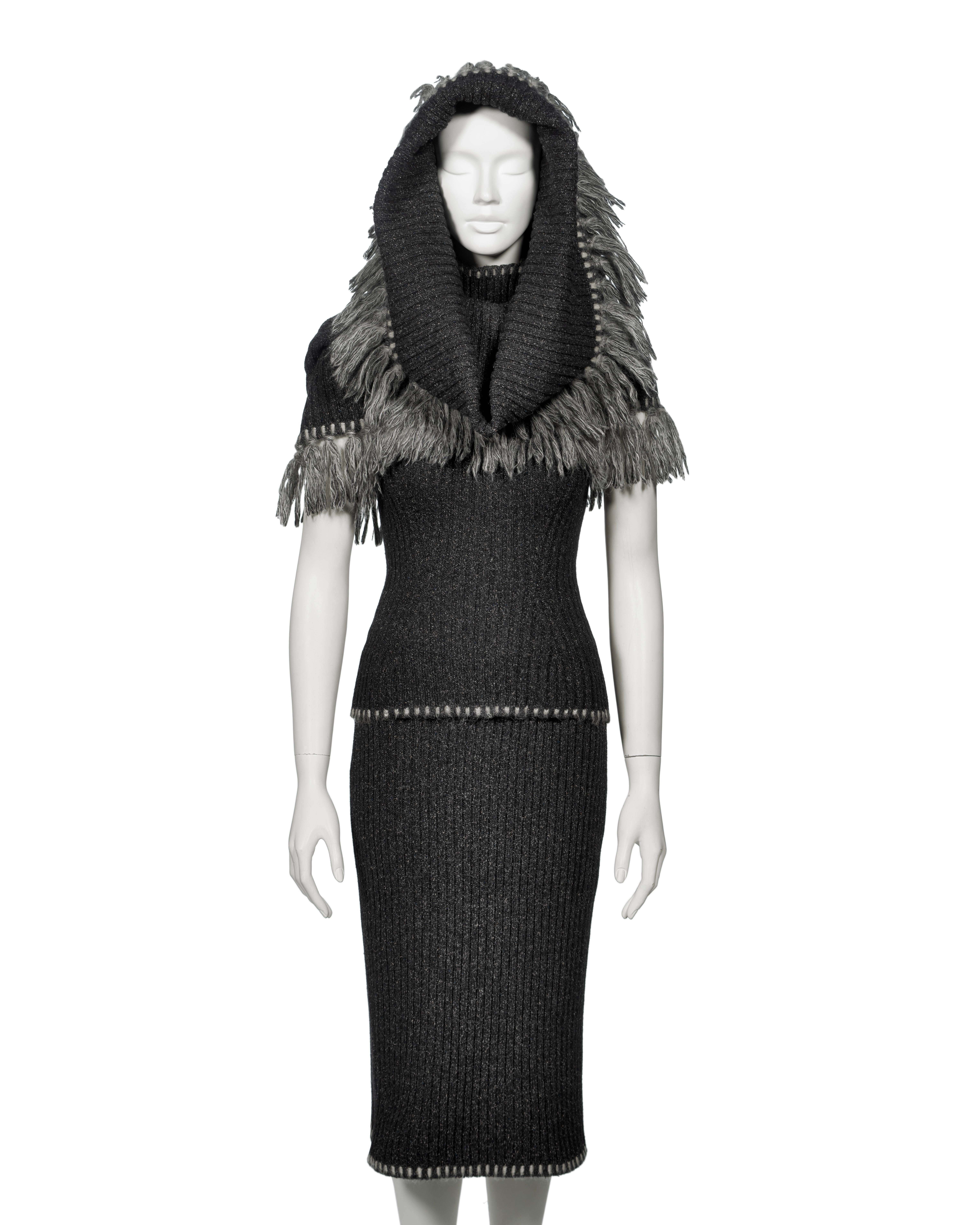 Black Christian Dior by John Galliano Grey Knit Ensemble with Fringe Scarf, FW 1999 For Sale