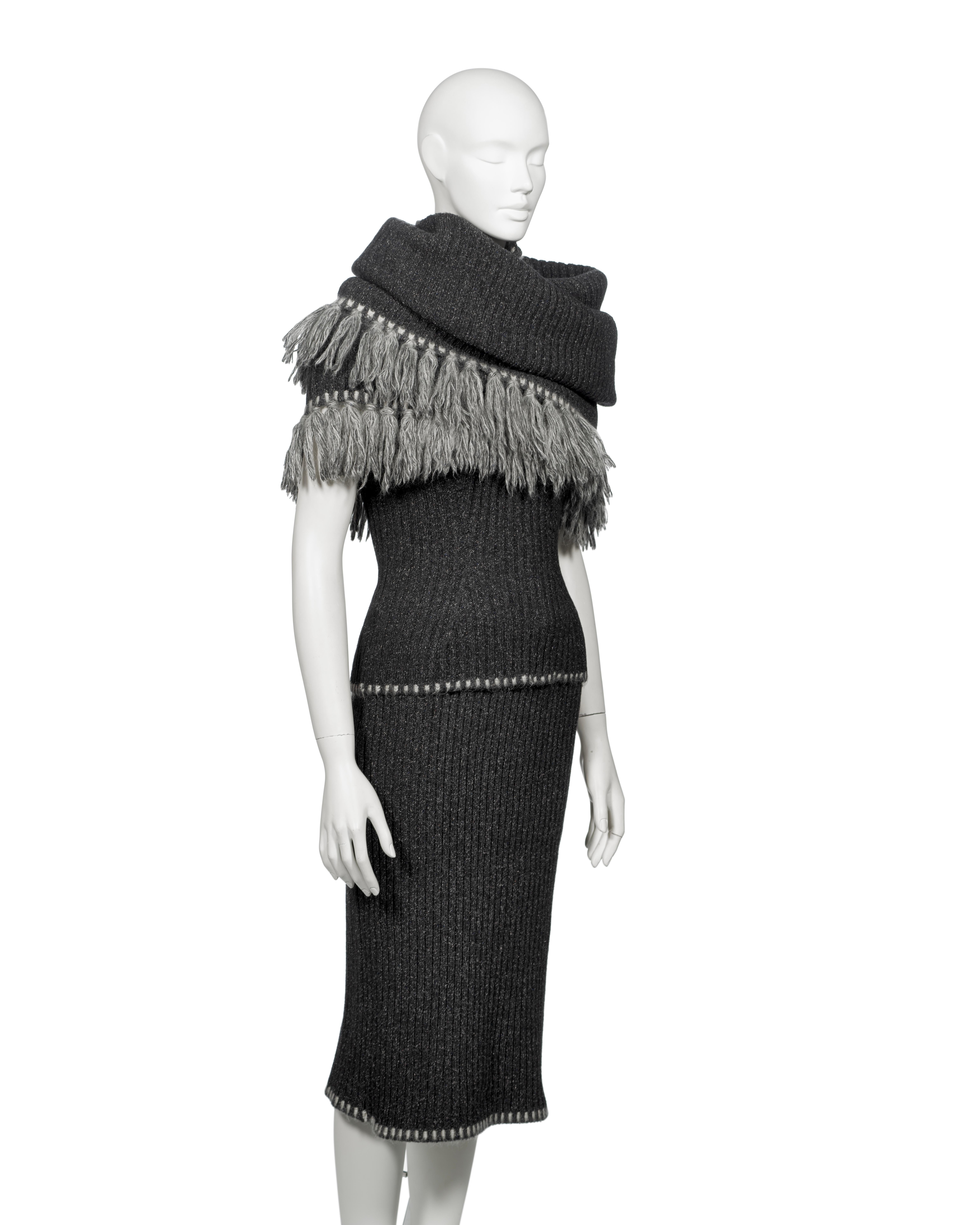 Christian Dior by John Galliano Grey Knit Ensemble with Fringe Scarf, FW 1999 For Sale 1