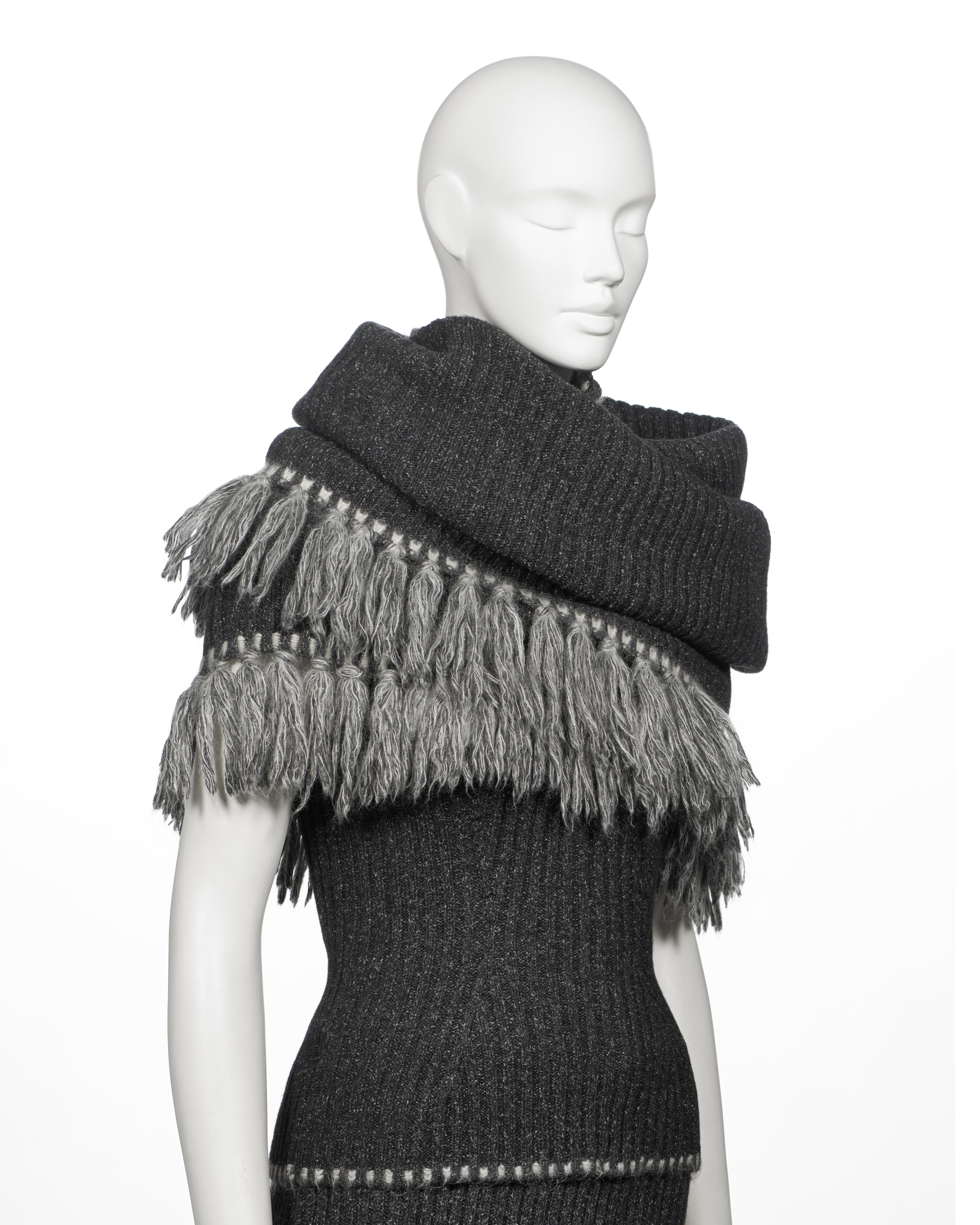 Christian Dior by John Galliano Grey Knit Ensemble with Fringe Scarf, FW 1999 For Sale 2